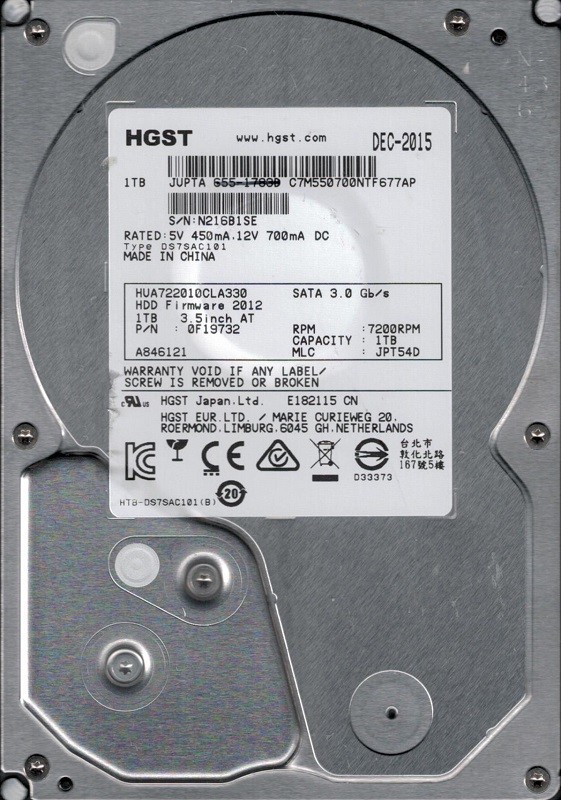 HUA722010CLA330 P/N: 0F19732 MLC: JPT54D MAC 655-1783D HGST 1TB