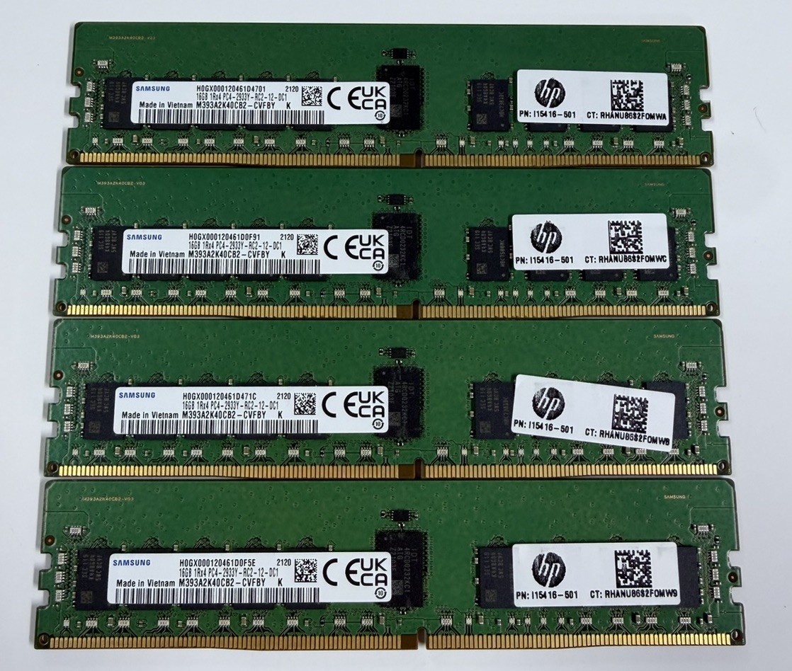 Lot of 4 Samsung HP 16GB 1Rx4 PC4-2933Y-RC2-12 RAM - Tested/Working
