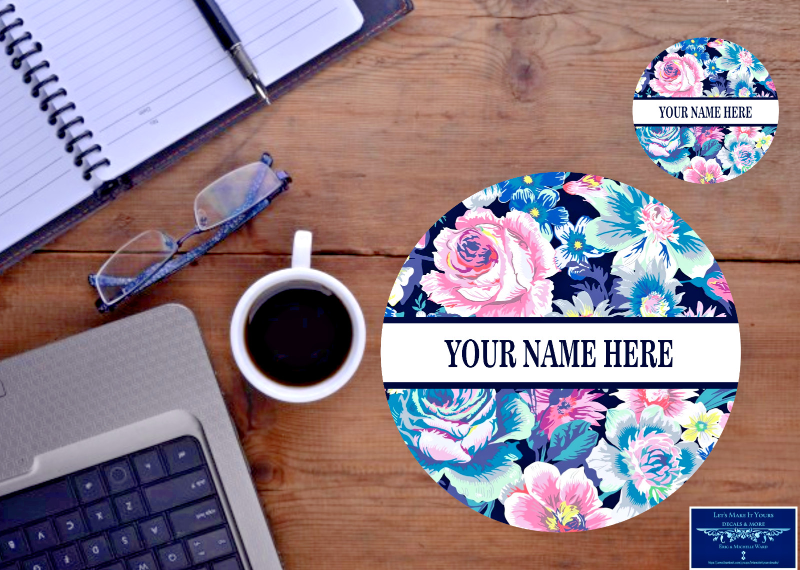 PERSONALIZED BLUE FLORAL  MOUSE PAD & DRINK COASTER WITH NAME 2pc GIFT SET