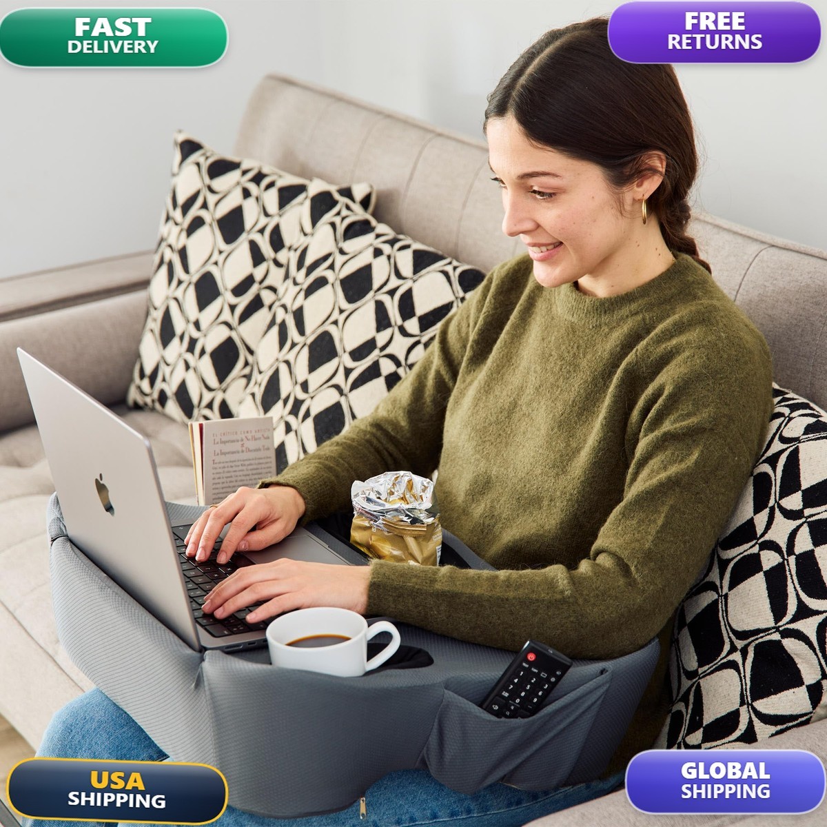 Lap Pillow for Gaming & Reading 27in Oversized Lap Desk with Cup Holder