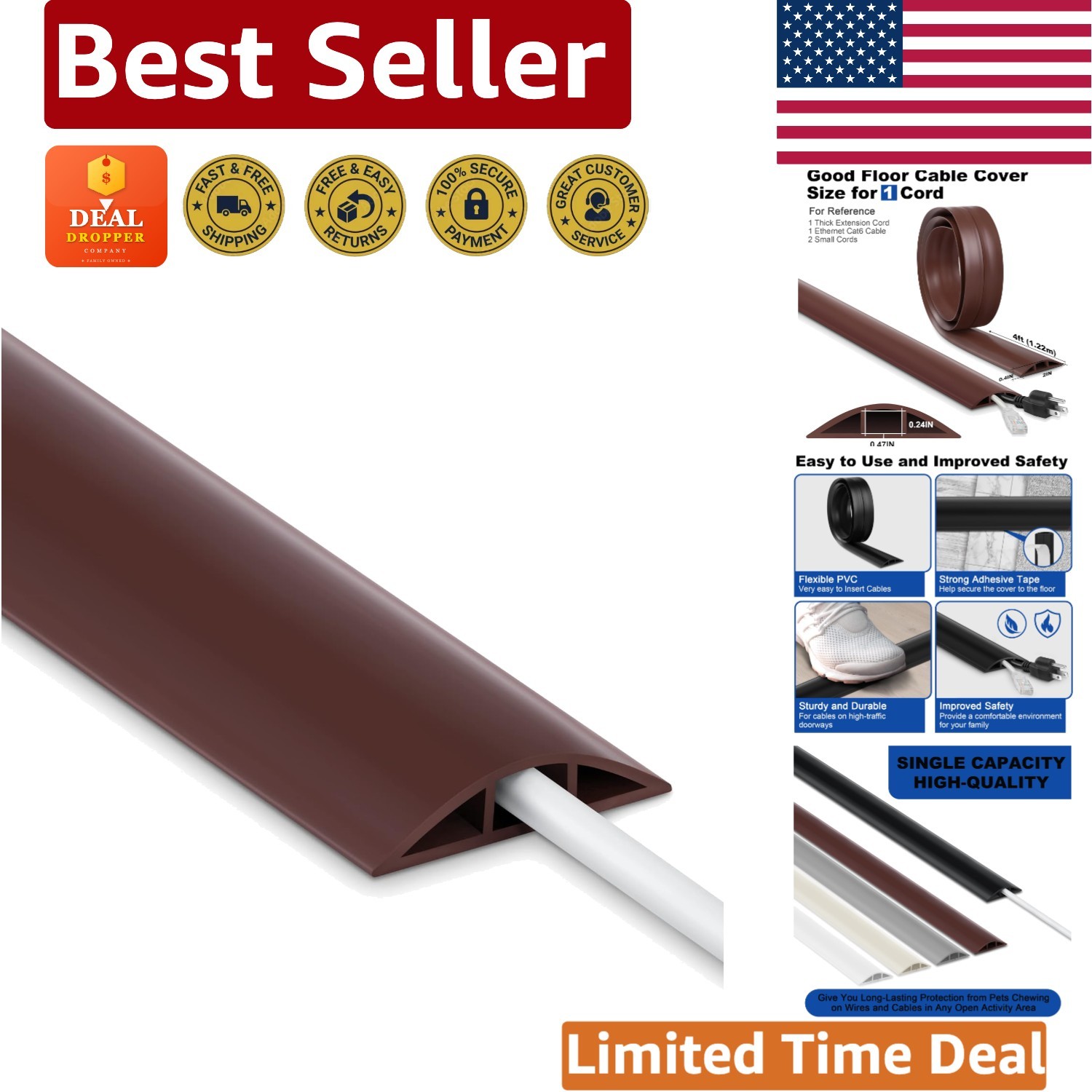 Elegant 4FT Brown Cord Cover: Soft PVC Cable Protector for Stylish Spaces