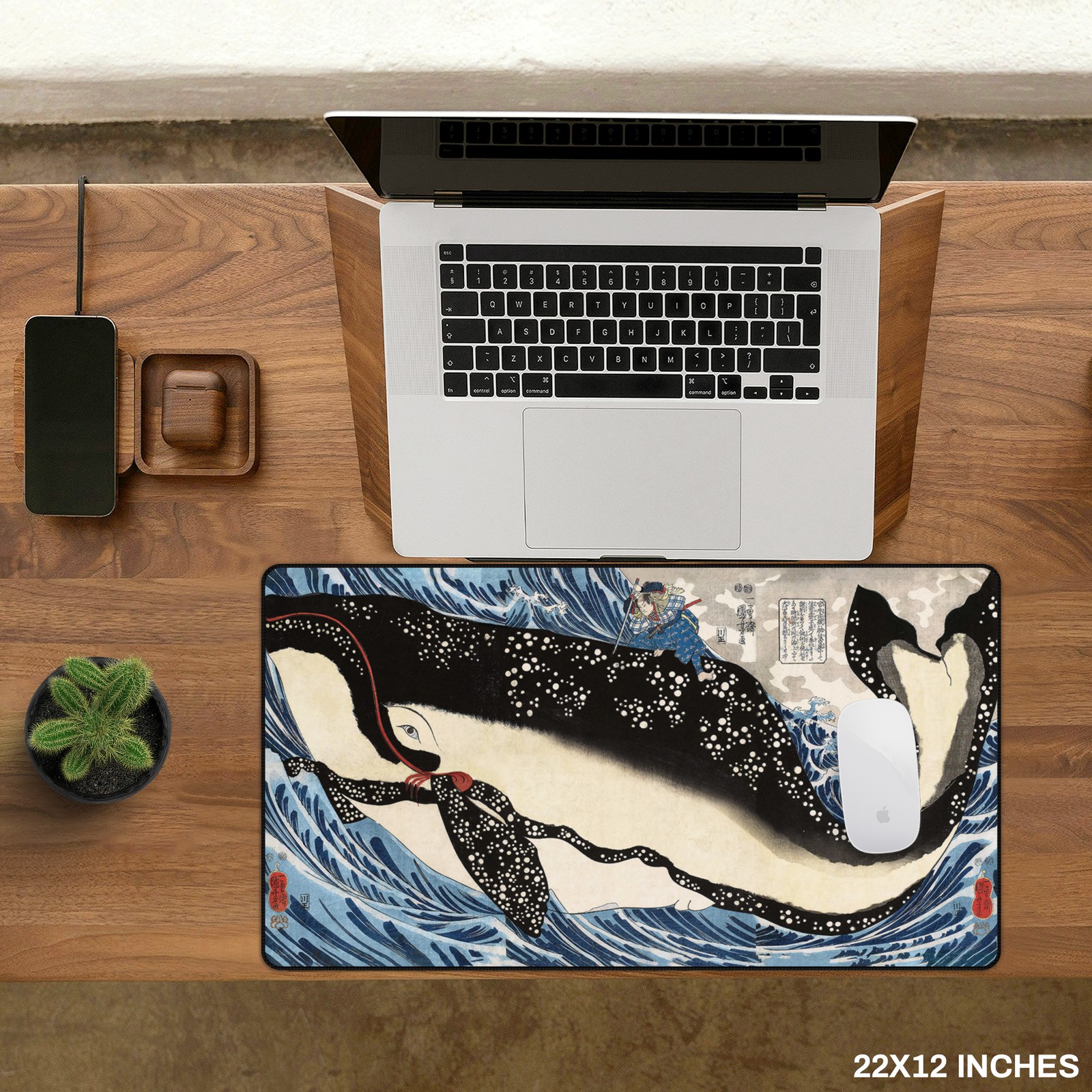 Japanese Whale Desk Mat XL Mouse Pad Warrior Ukiyo-e Style Ocean Art Deskpad