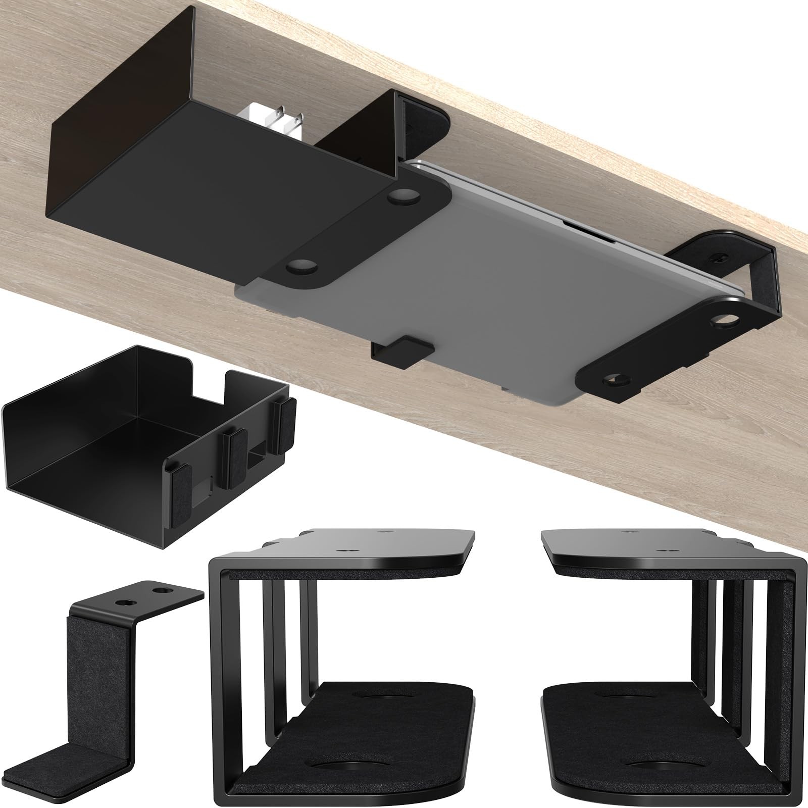 Under Desk Laptop Mount Kit, Metal Shelf with Detachable Storage Caddy