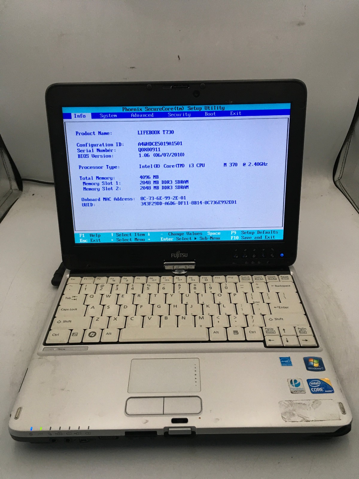 FUJITSU LIFEBOOK TSERIES T730 - BOOTS TO BIOS - INTEL I3 M370 - 4GB RAM -READ-BB