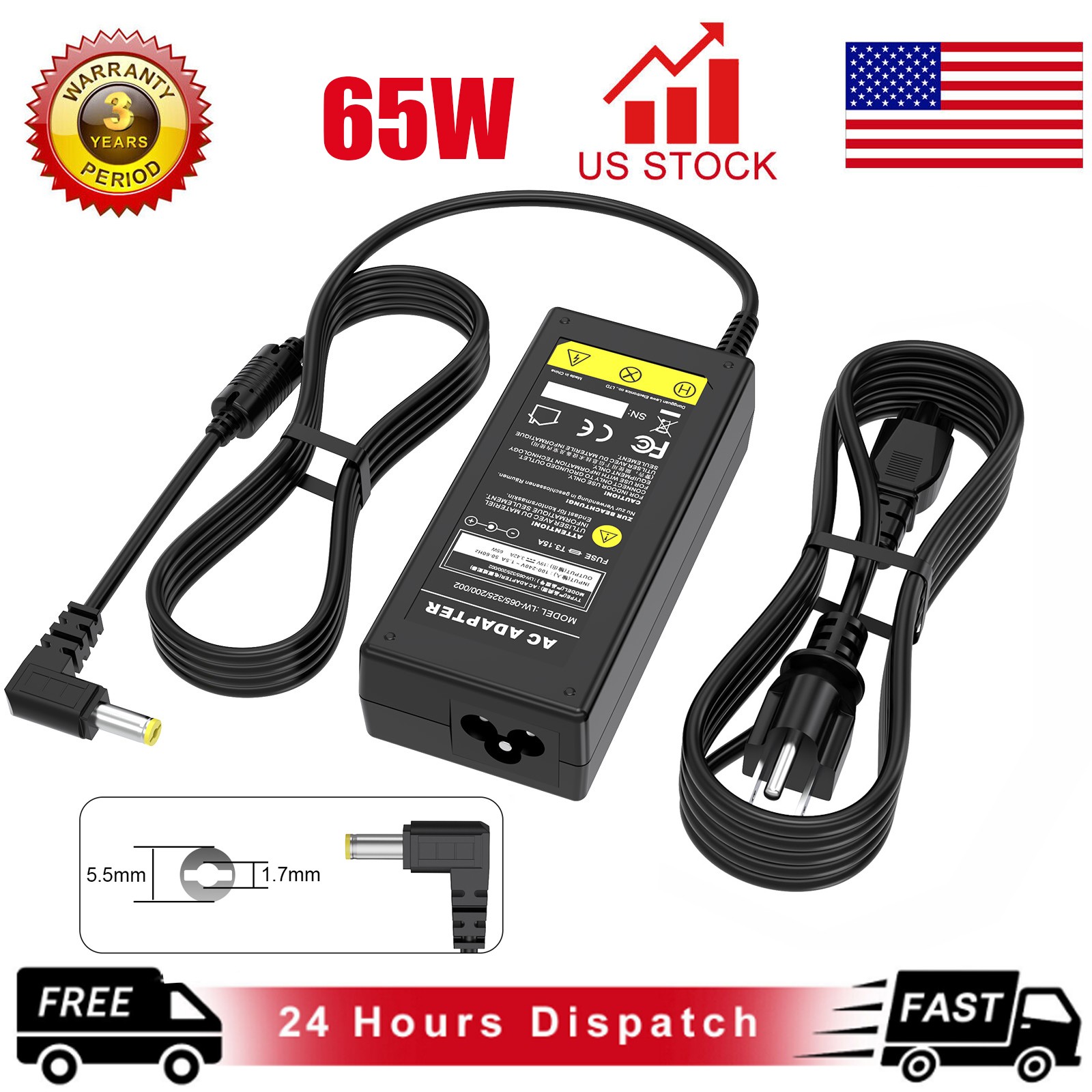 19V 3.42A 65W AC Adapter For Acer SB220Q SA230 IPS LED Monitor Power Supply Cord
