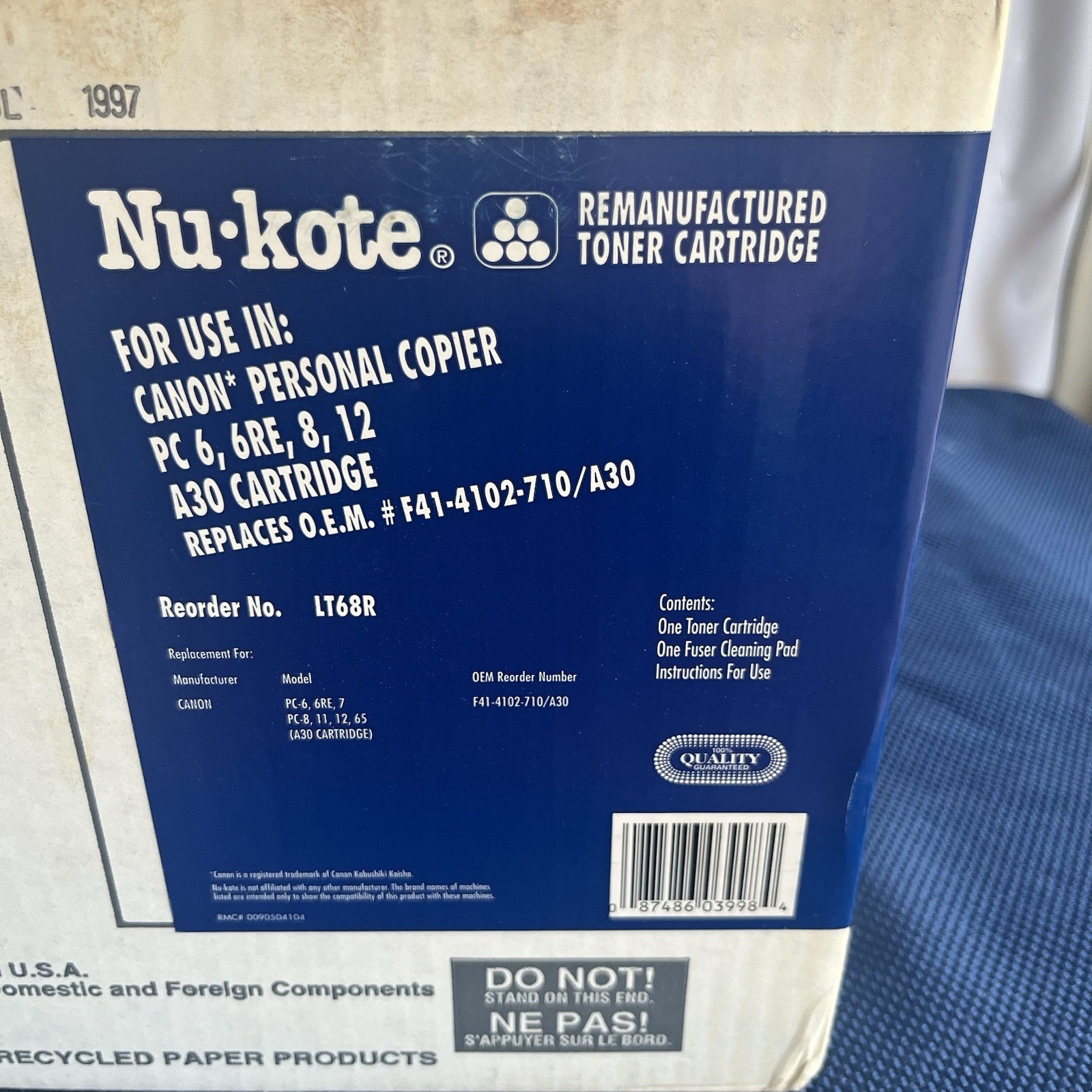 1997 NuKote Re-Mfg'd Canon A30 Toner Cartridge LT68R -PC-6/PC-12 + Fuser Pad NOS