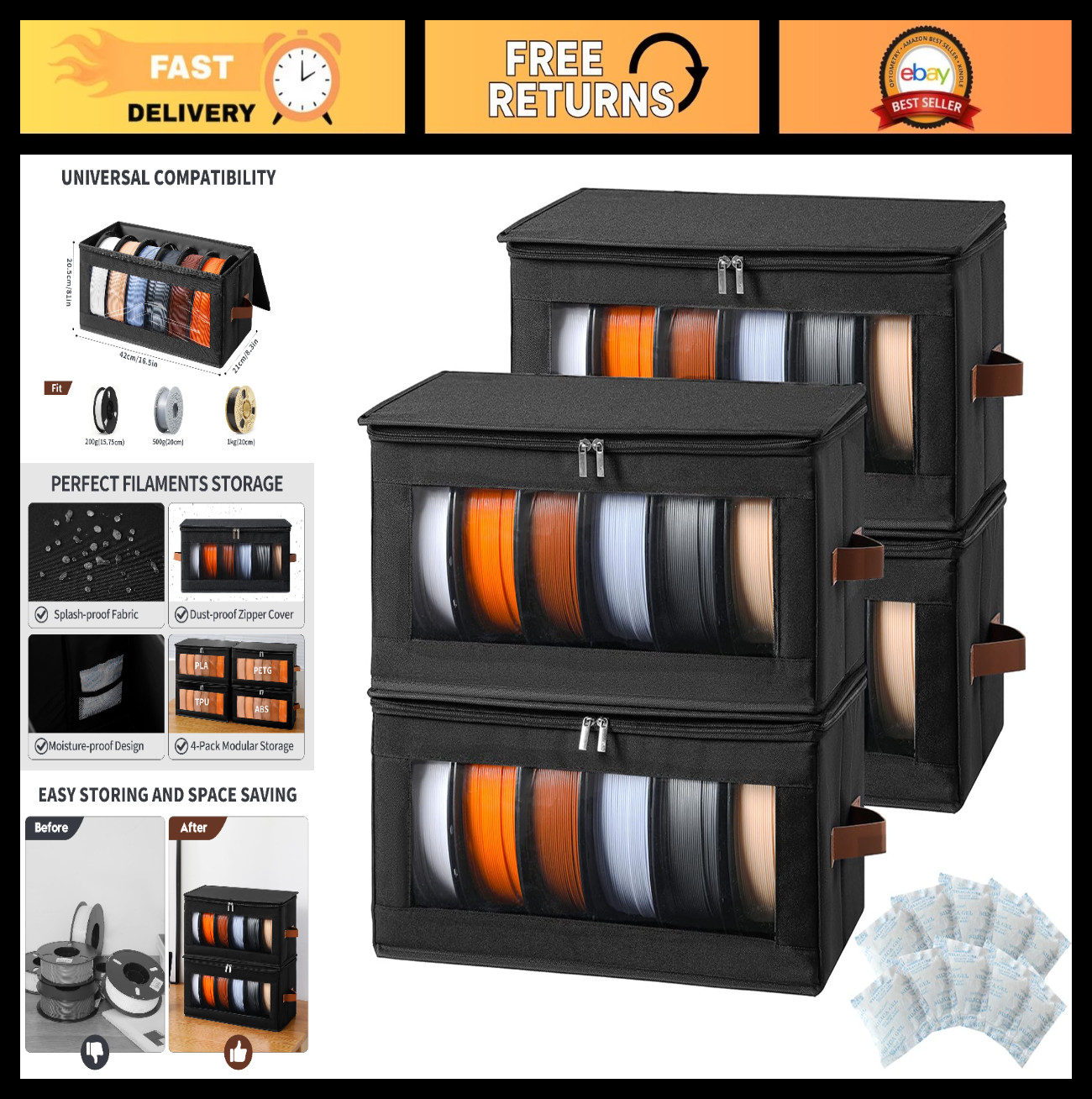 4 Pack 3D Printer Filament Storage Box with Desiccants - Holds 24 Rolls, Accesso
