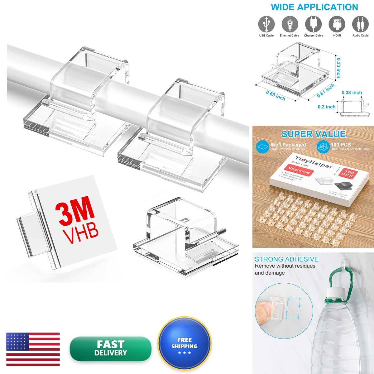 TidyHelper 100 PCS Adhesive Cable Clips Clear, Small, Indoor/Outdoor