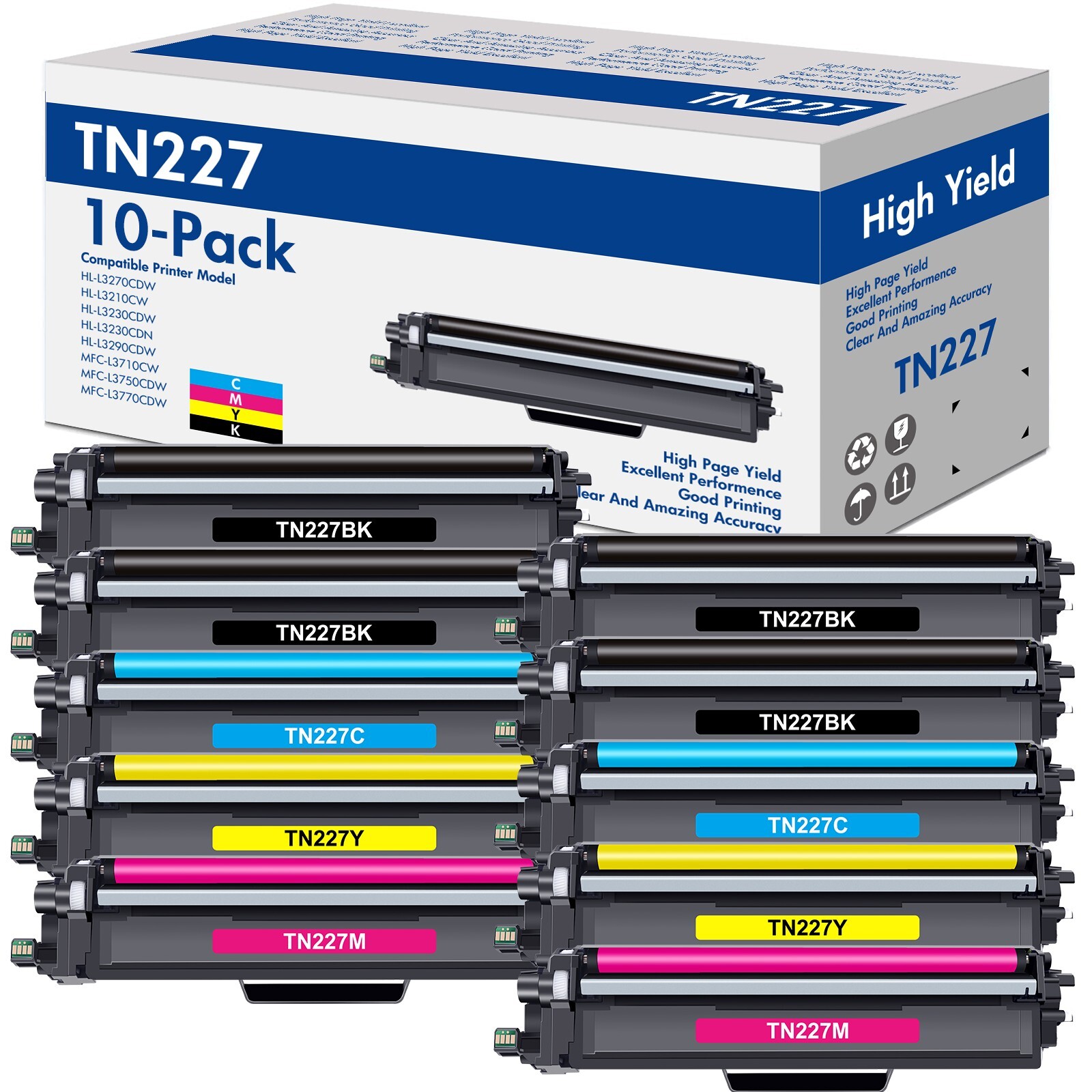 10PK TN227 TN223 Toner Set + 2 Black w/Chip for Brother MFC-L3770CDW