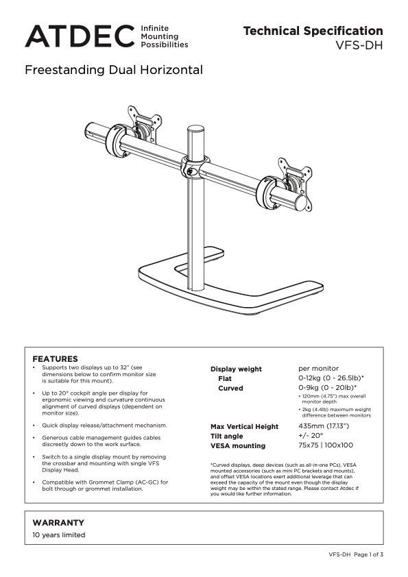 ATDEC DUAL MONITOR DESK STAND UP TO 32" & 12KG VESA 75x75 100x100 VERTICAL MO...