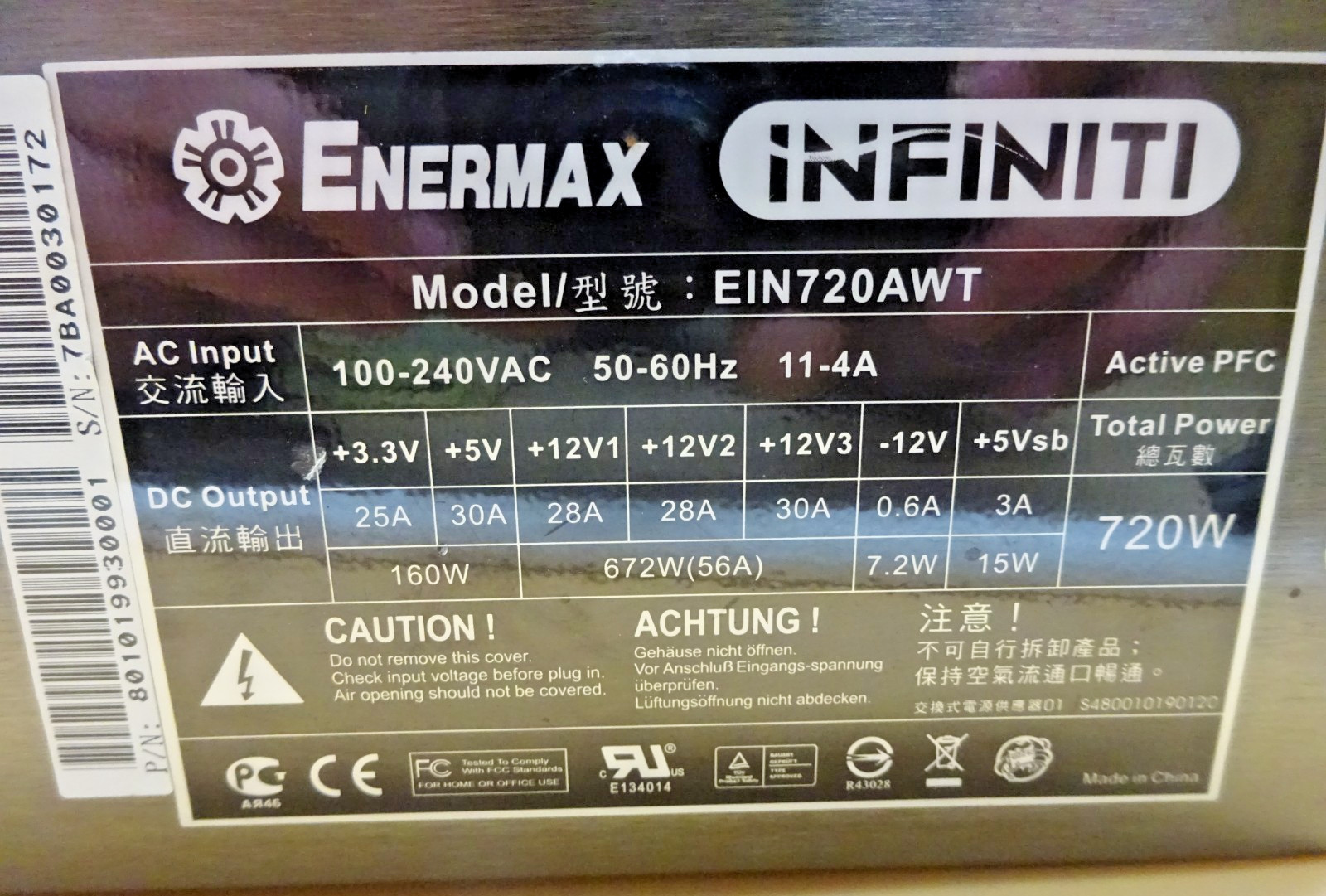 Enermax INFINITI EIN720AWT 24 Pin Power Supply 720W #NT4929
