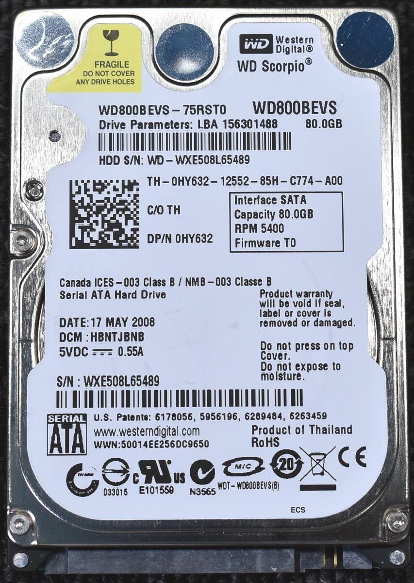Western Digital WD800BEVS [80GB 2.5 inch 9.5mm SATA HDD 2008 model Used 12190H (