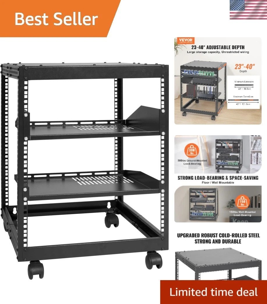 12U Open Frame Server Rack, 23-40 in Adjustable Depth, Free Standing or Wall ...
