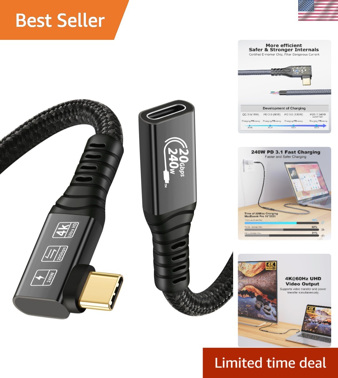 90 Degree USB C 3.2 Gen2 Cable - Fast 20Gbps Data Transfer & 4K Output