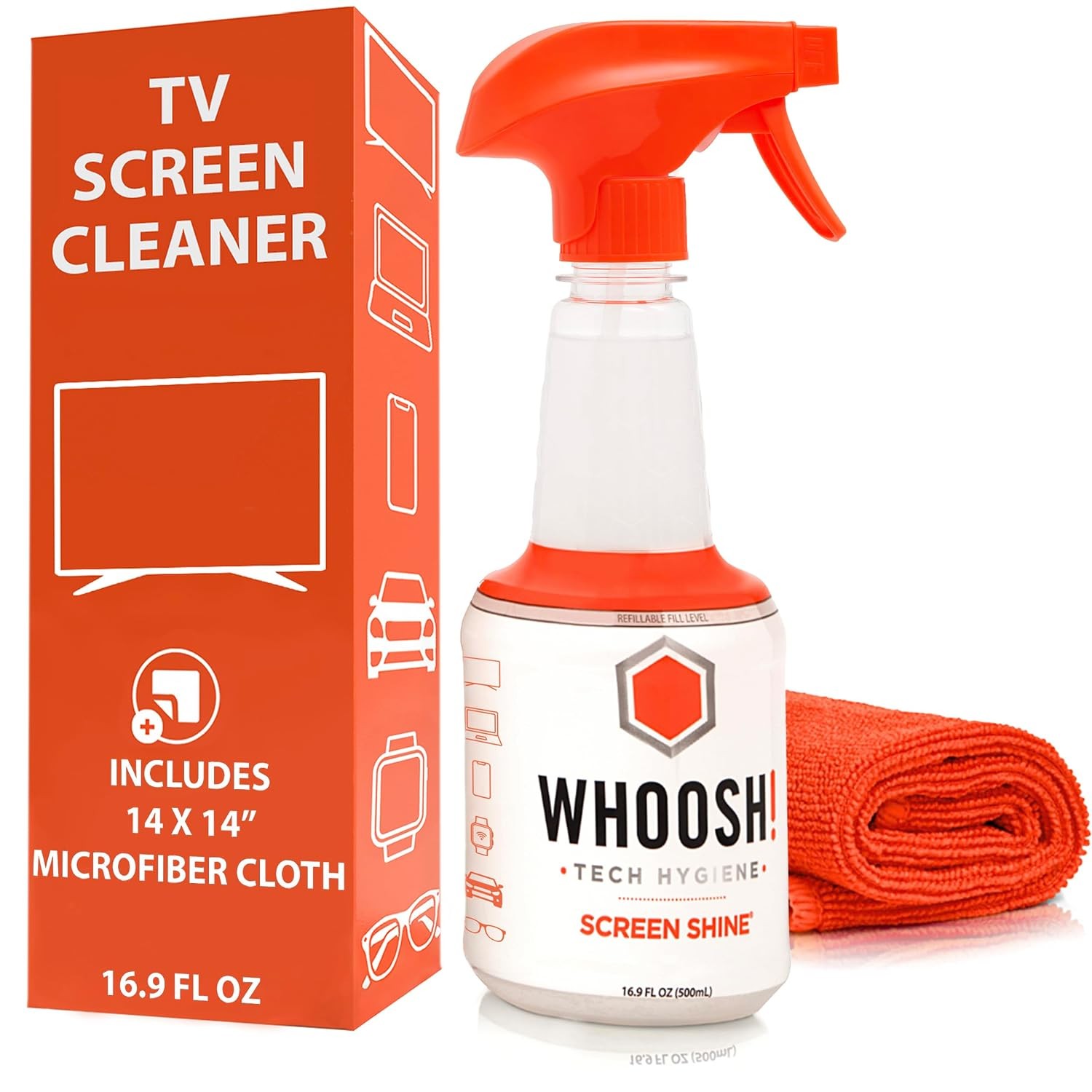 WHOOSH Screen Shine Pro – Refillable TV Screen Cleaner & Cloth, 16.9 fl oz