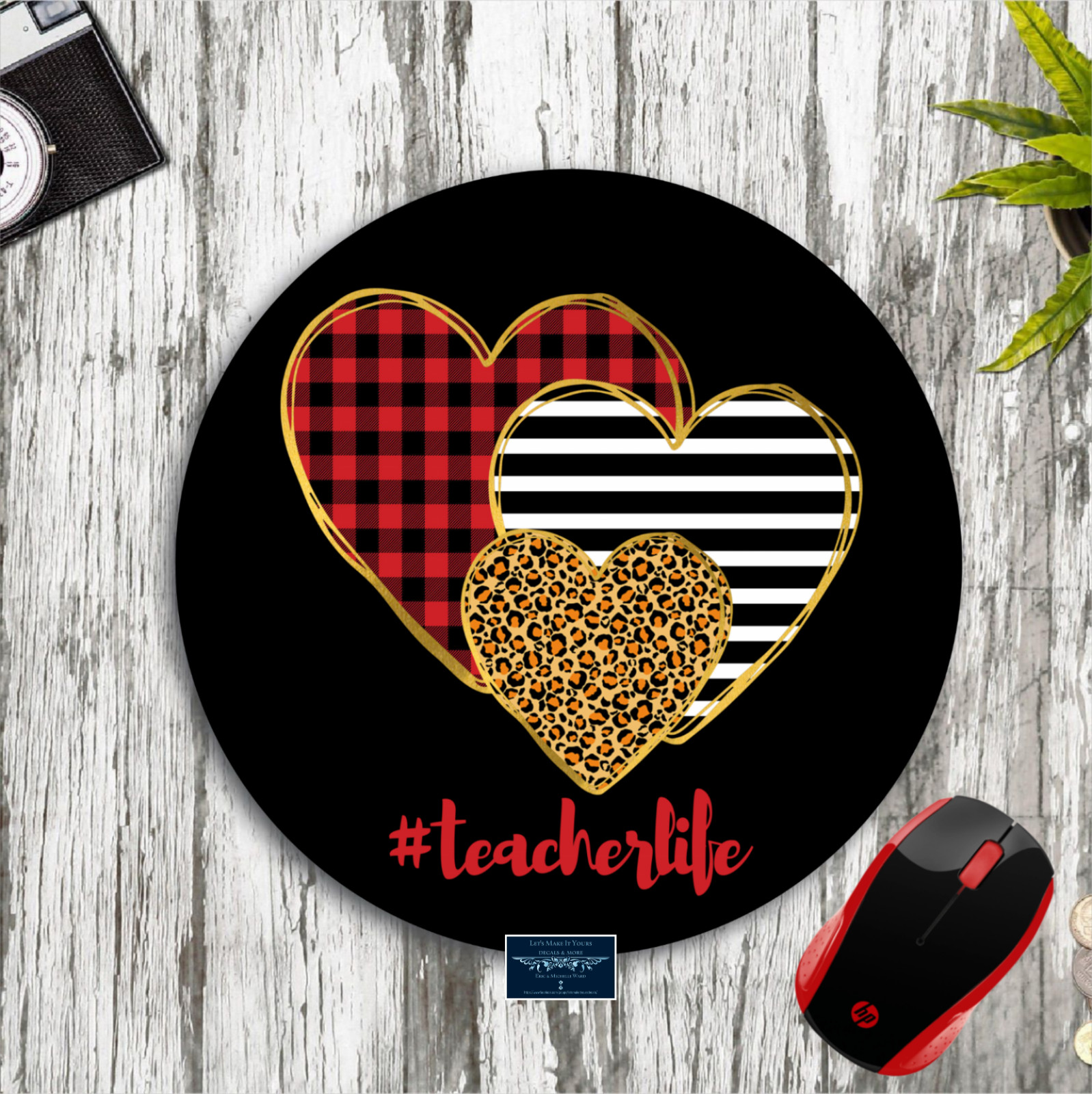TEACHER LIFE HEARTS CUSTOM BLACK ROUND MOUSE PAD DESK MAT COMPUTER SCHOOL GIFT