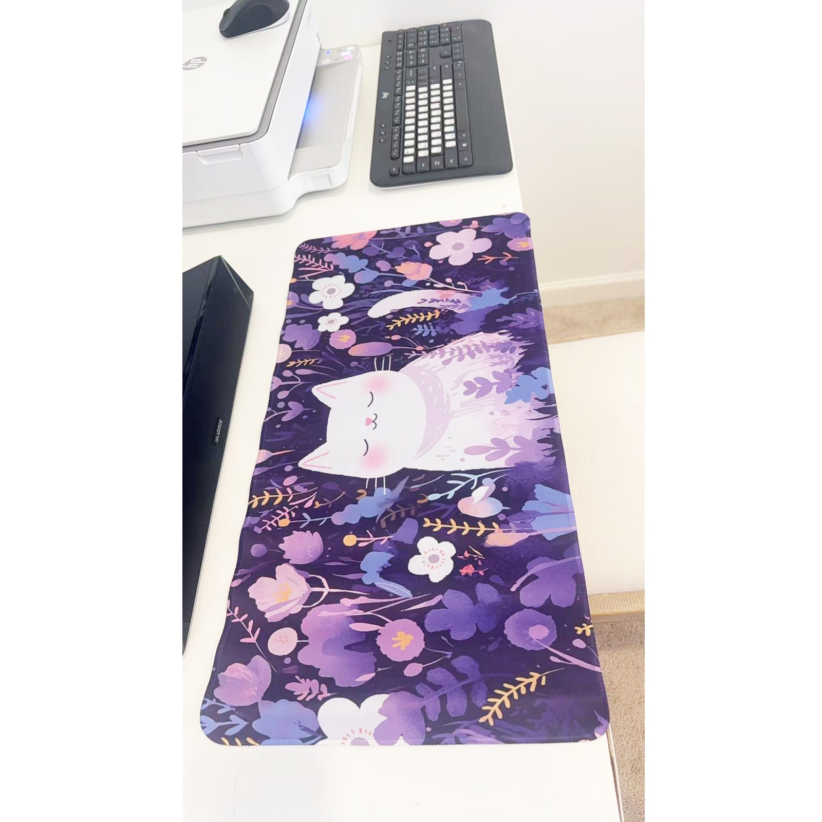 Cute White Cat in Purple Floral Large Gaming Non-Slip Desk Mouse Pad 23.6"x11.5"