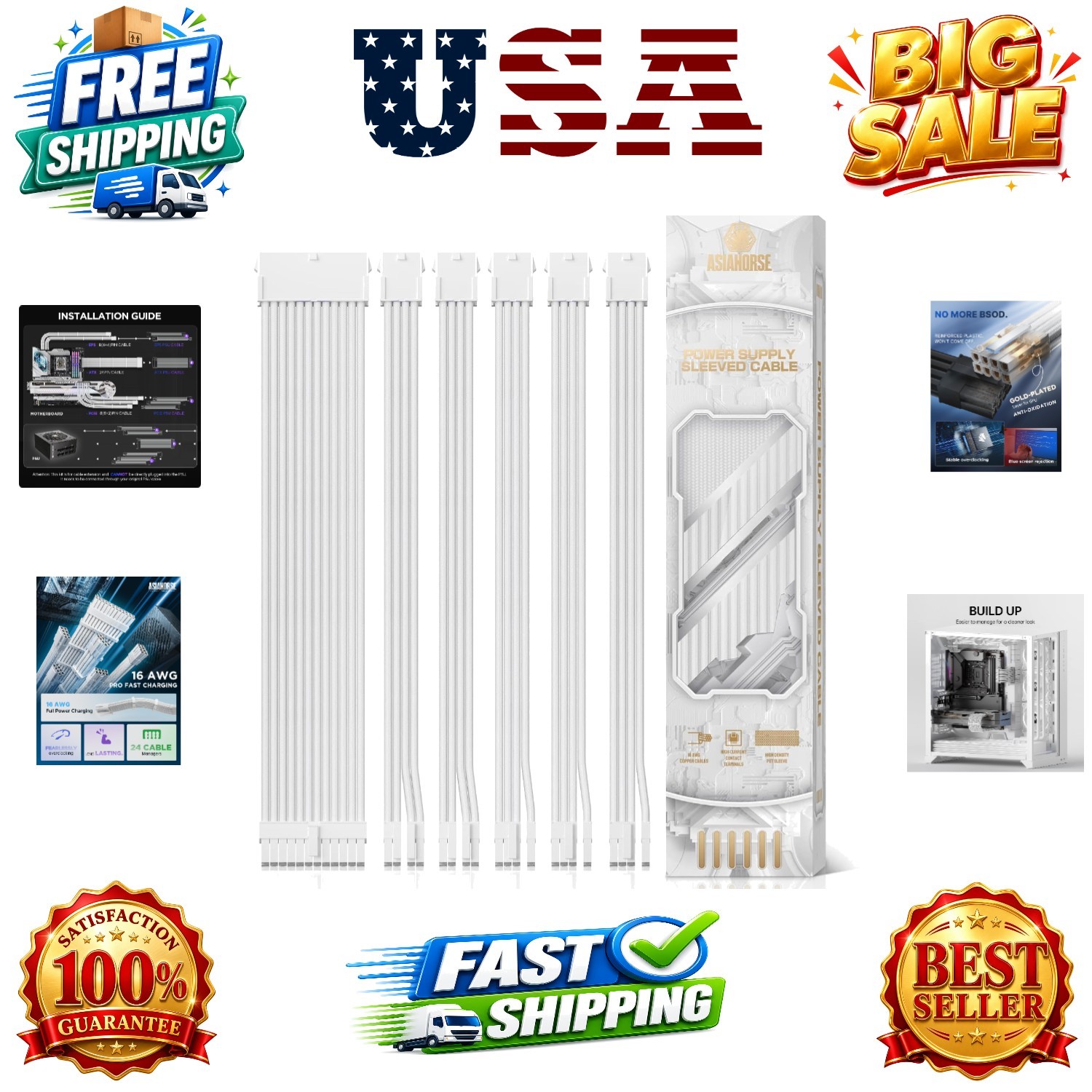 Power Supply Sleeved Cable, 16 AWG PSU Extension Cable Kit of White Connector...