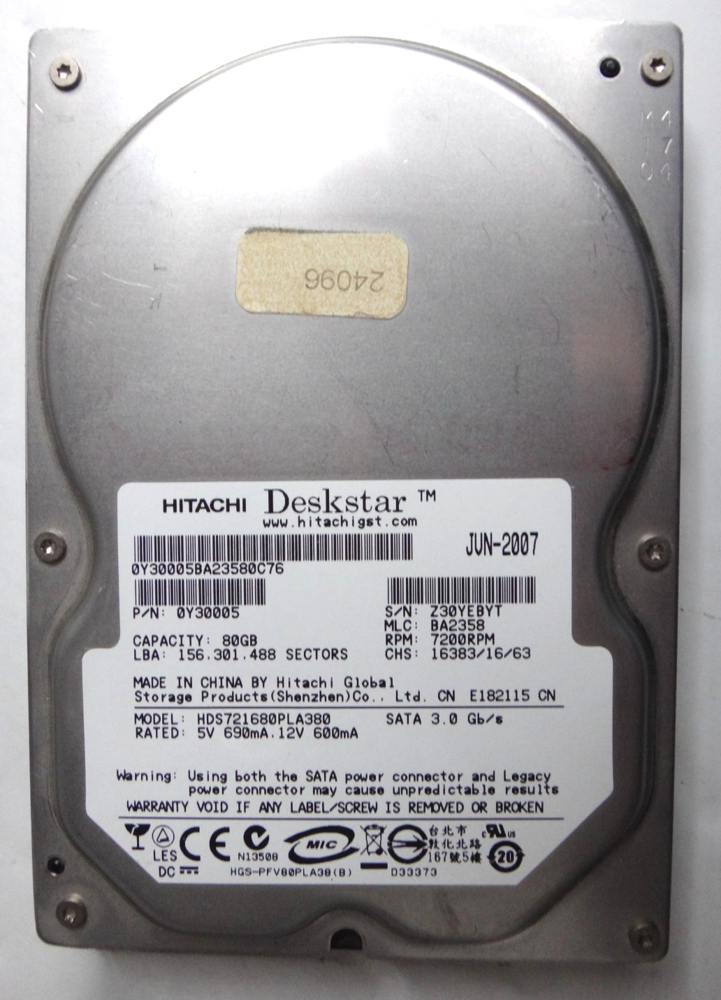 HITACHI 0Y30005 HDS721680PLA380 80GB 7.2K RPM 8 MB Cache 3 Gb/s SATA HDD 3.5"