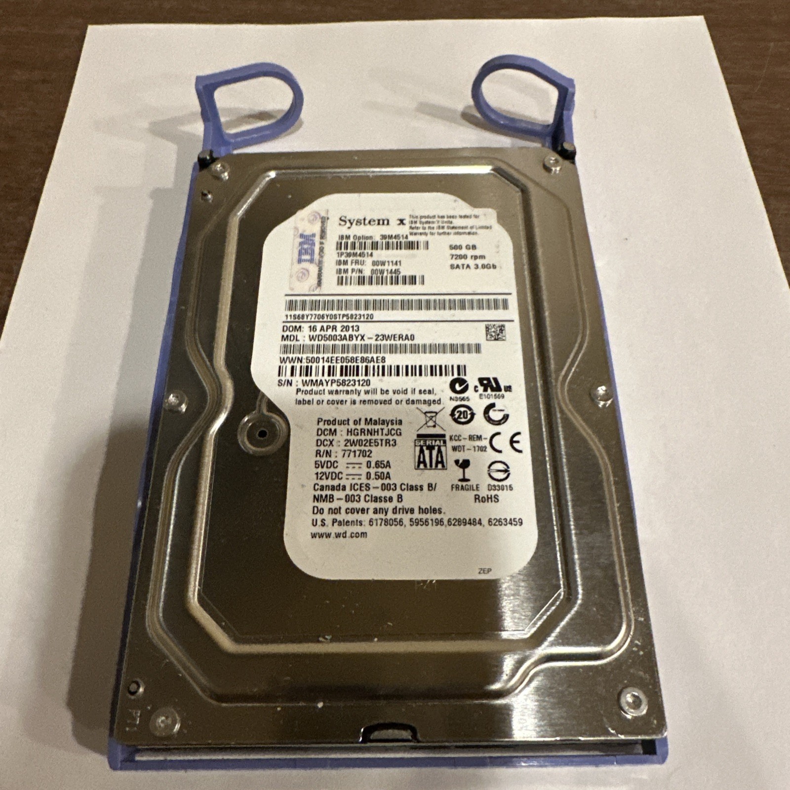 IBM System X - 500GB 3.5" HDD 7200RPM 1P39M4514 FRU: 00W1141 P/N: 00W1445