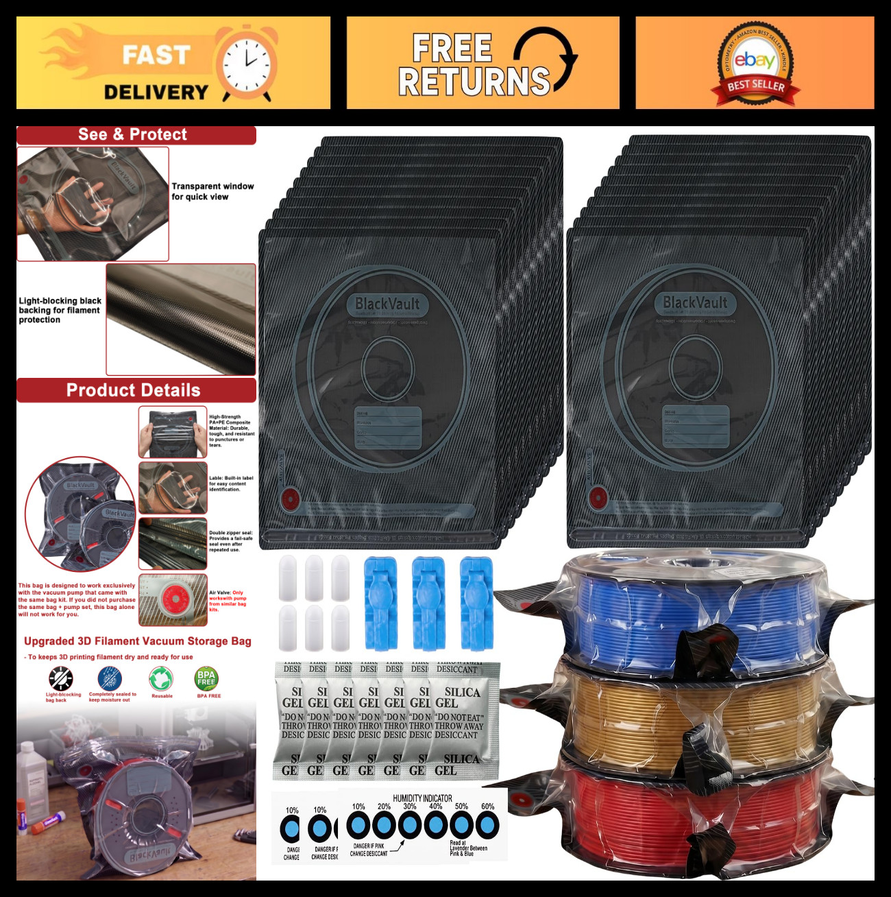 50 PCS Reusable 3D Printer Filament Storage Bags, Vacuum Seal Kit, Humidity Cont