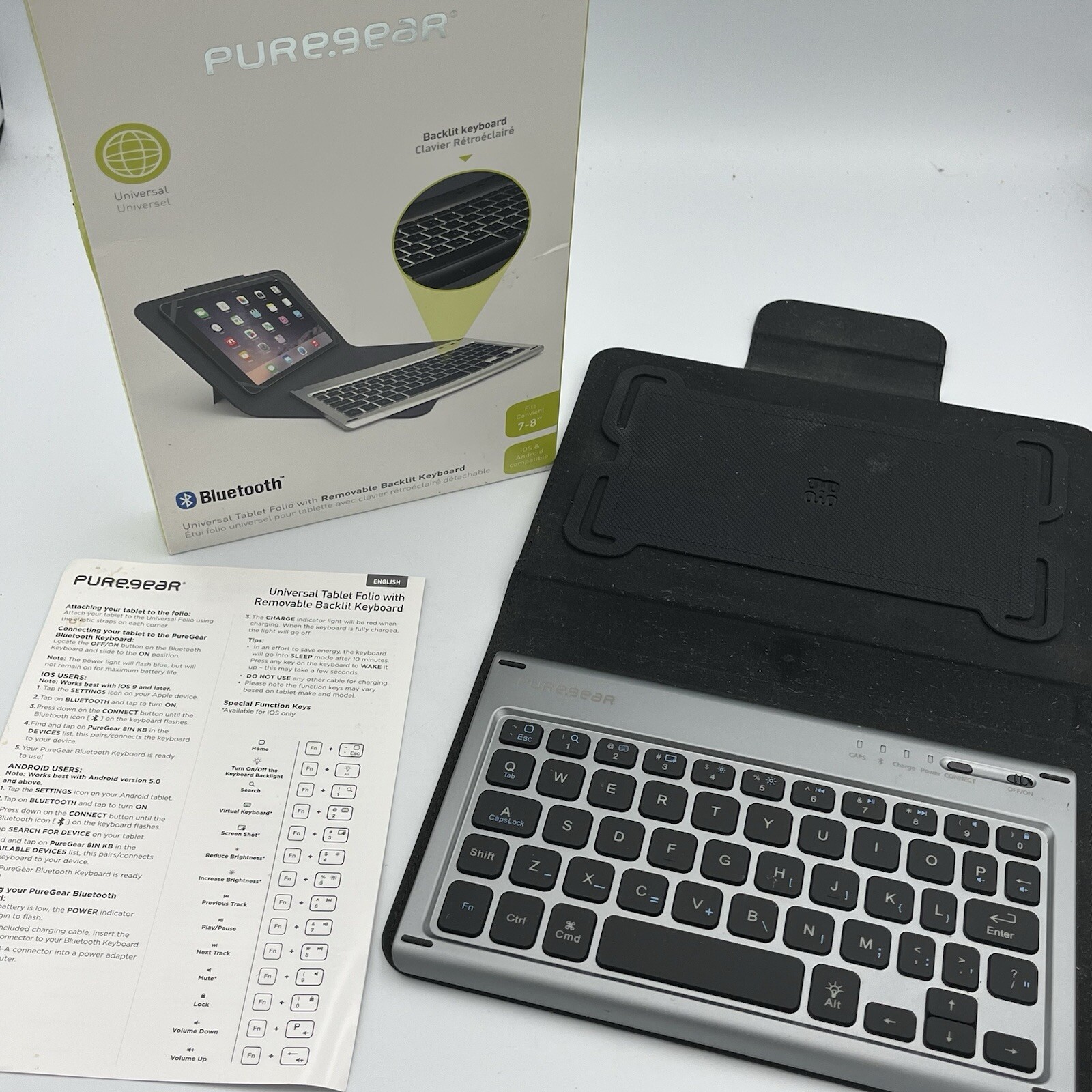 PureGear Folio Case Backlit Bluetooth Keyboard Fits 9-10" Devices Black TESTED
