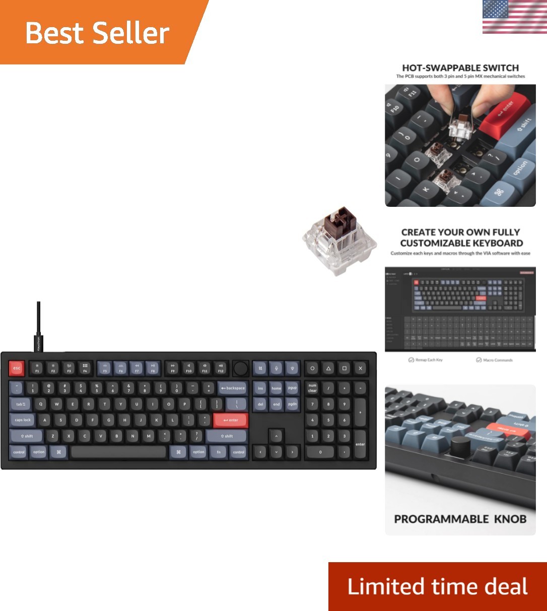 V6 Wired Custom Mechanical Keyboard Knob Version, Full-size QMK/VIA Programma...