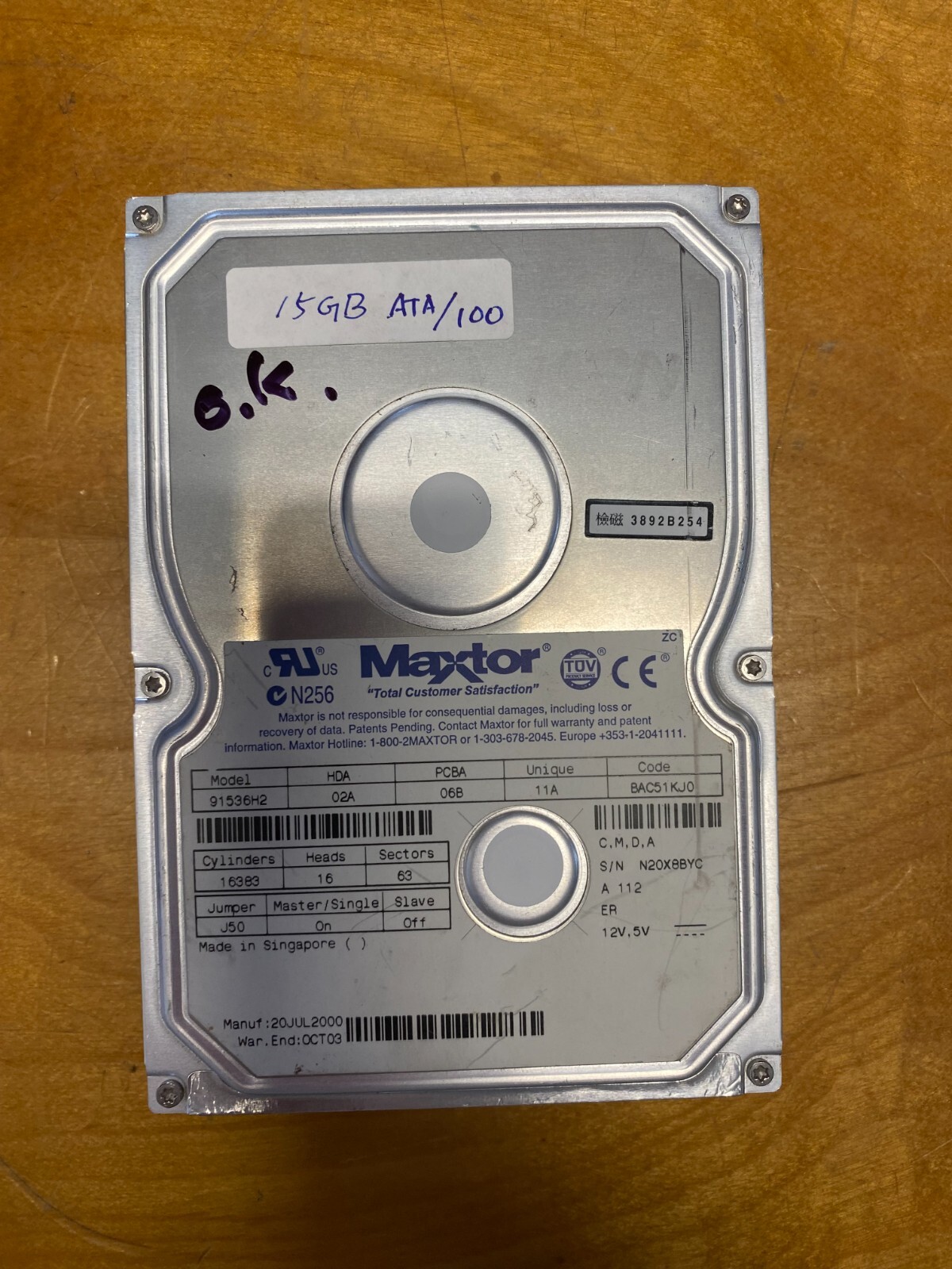 Maxtor 91536H2 15GB ATA/100  3.5"  internal HDD
