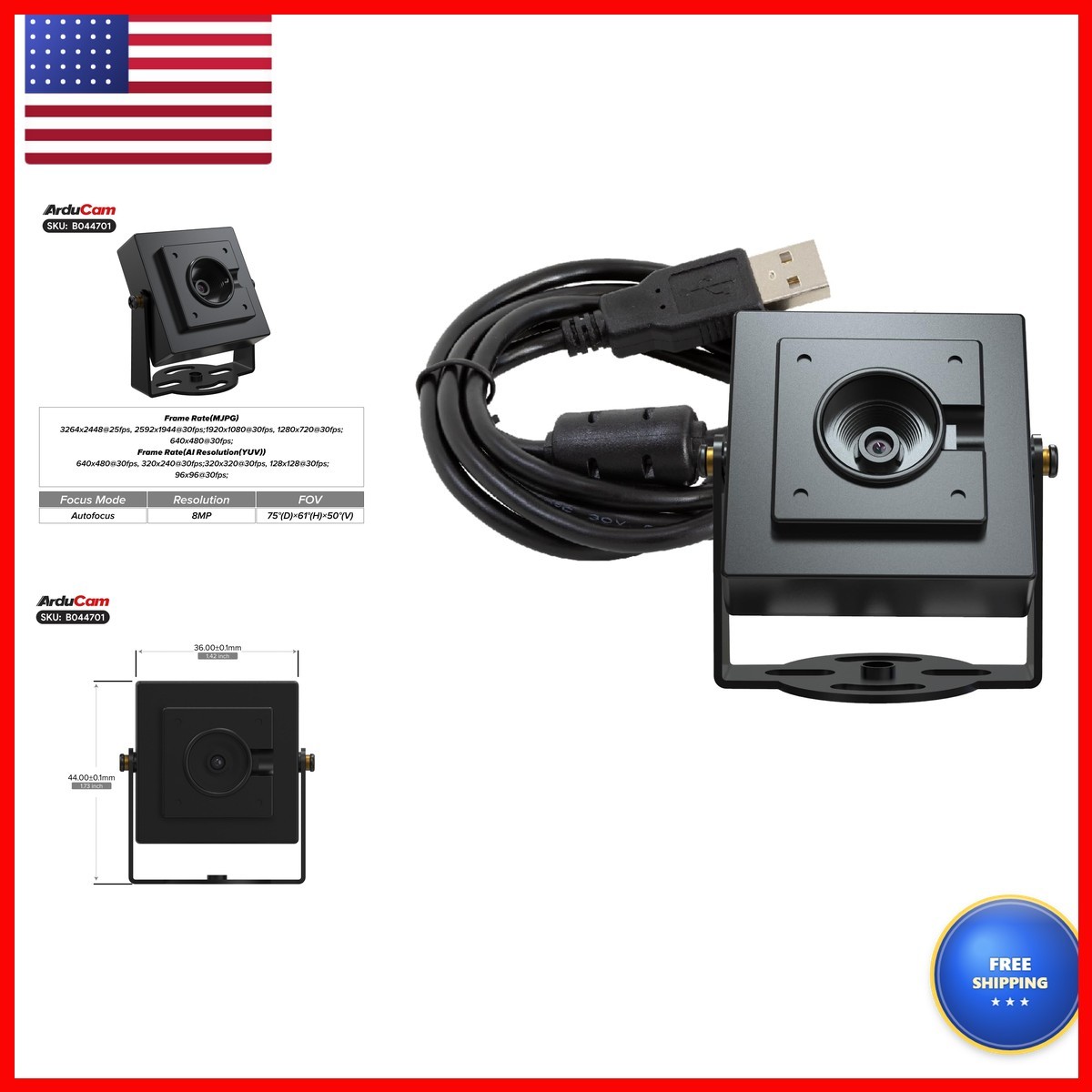 Arducam 8MP USB Camera Module HDR, Autofocus Lightburn Camera, USB 2.0 Webcam