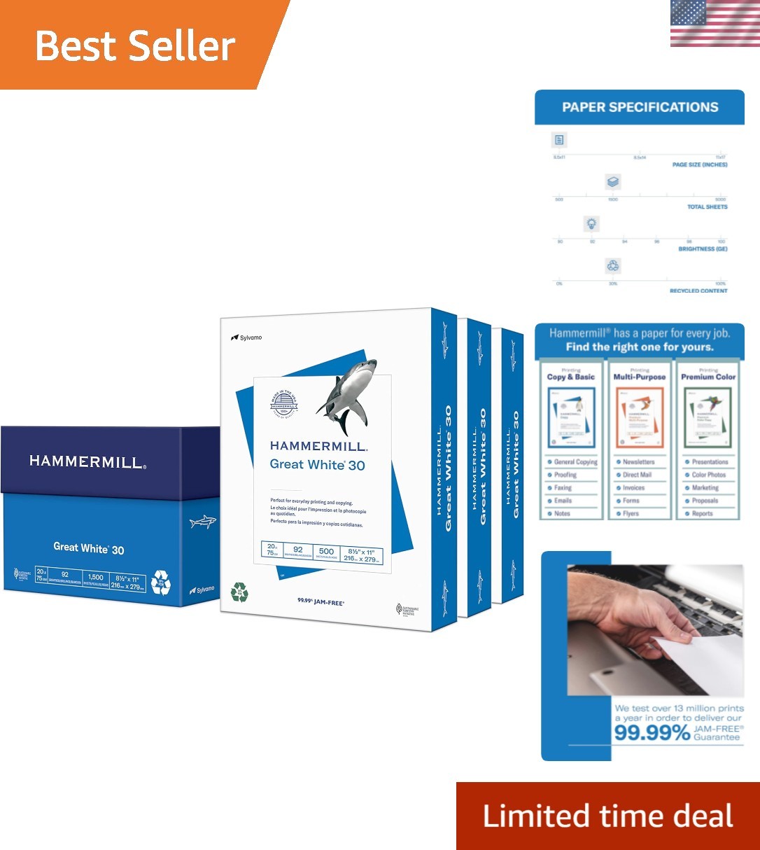 30% Recycled Great White Printer Paper, 8.5x11, 1500 Sheets - JAM-FREE Guarantee
