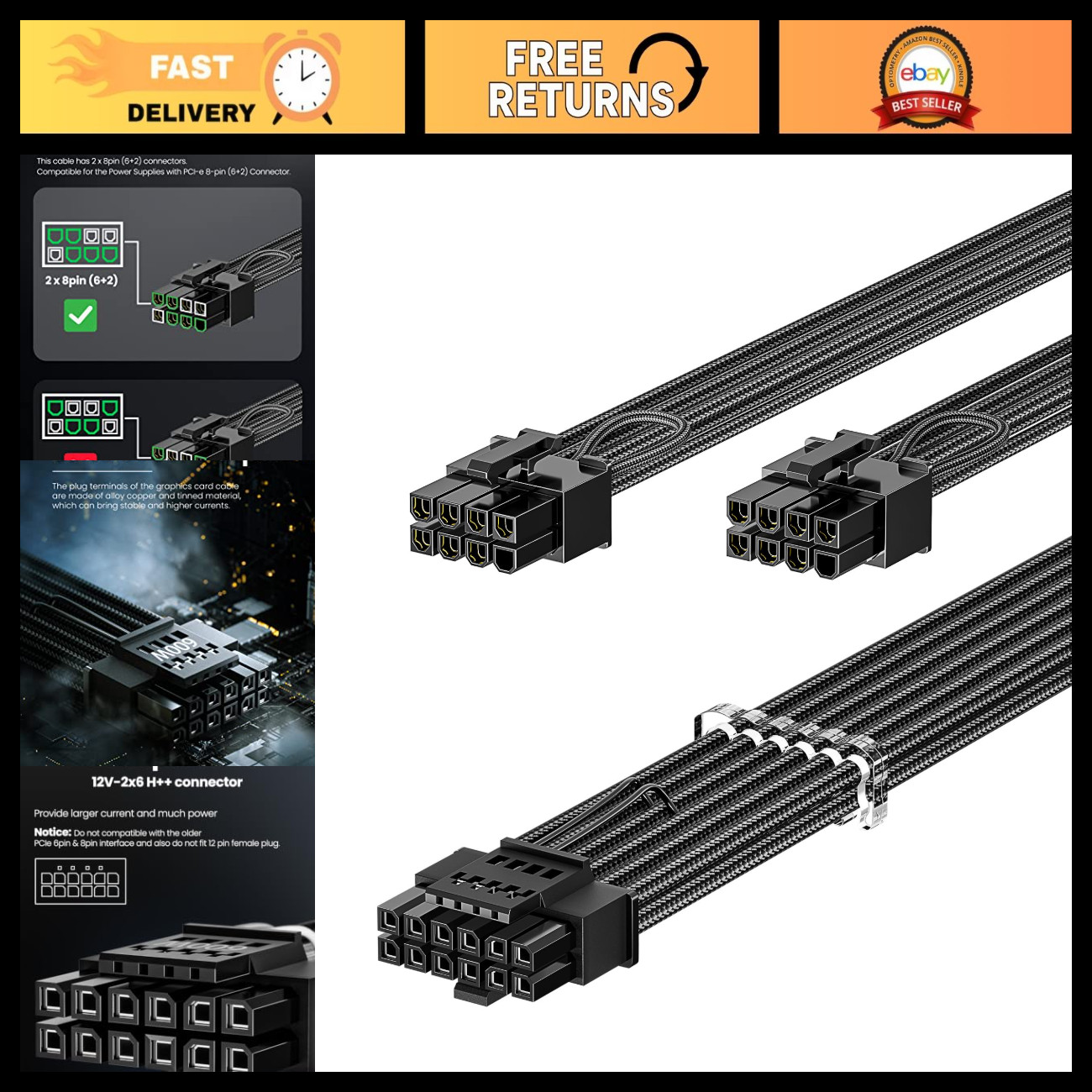 16-Pin 12VHPWR PCIe 5.1 Power Cable 70cm (12+4) for Graphics Card Upgrade