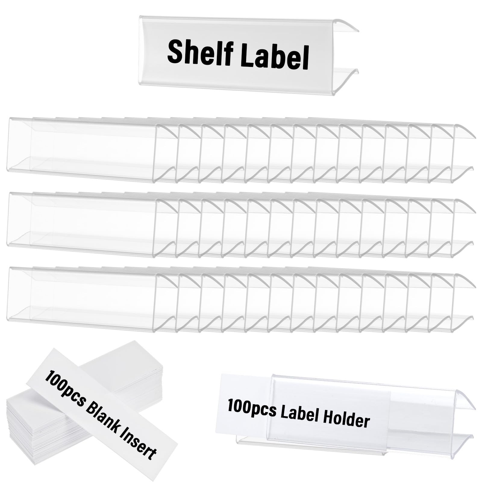 100 PCS Shelf Label Holder with Blank PVC Inserts, 3 x 1 Inch Clear Plastic B...