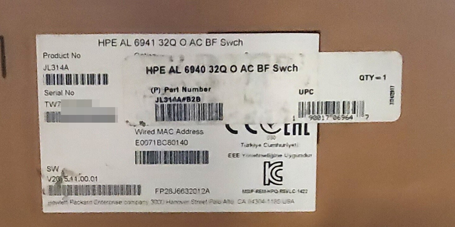 HPE Altoline 6940 32QSFP+ x86 ONIE AC B-F 32-Port 40GbE Switch JL314A