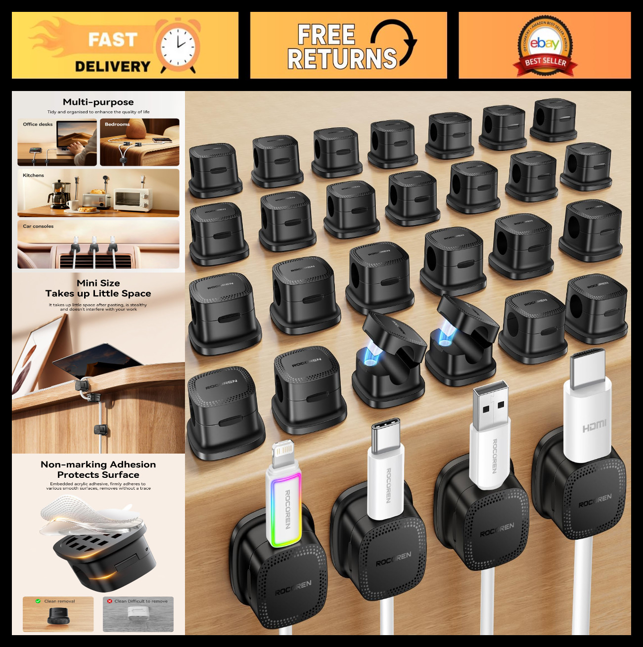 30-Pack Magnetic Adjustable Cable Clips | Cord Organizer & Wire Holder for Home