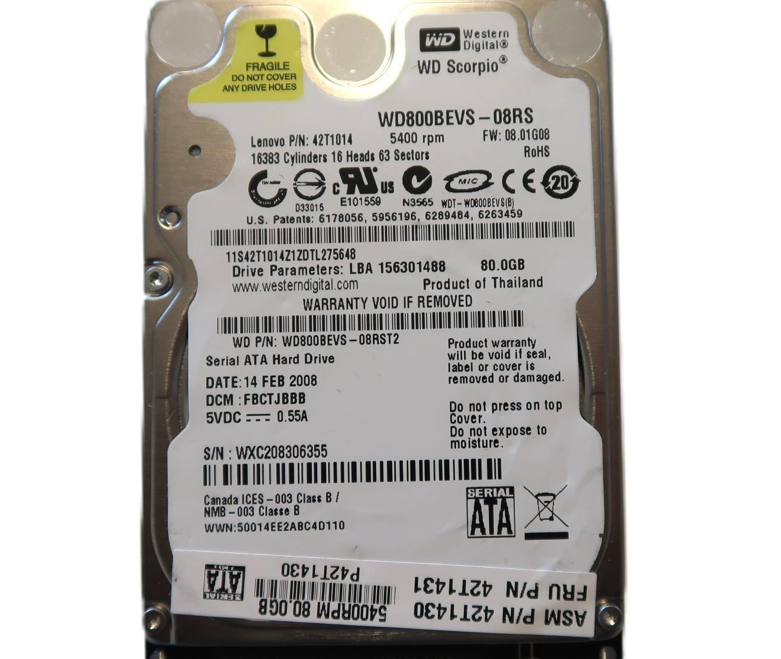 WD800BEVS-08RST2 DCM: FBCTJBBB (WXC) Thailand 80gb 2.5" Sata HDD FEB/2008