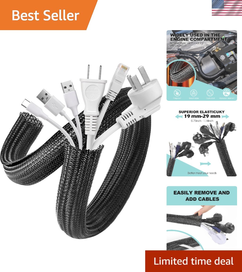 Cable Management Sleeve, 2 Pack 5ft - 1.2 inch Cord Hider, Black