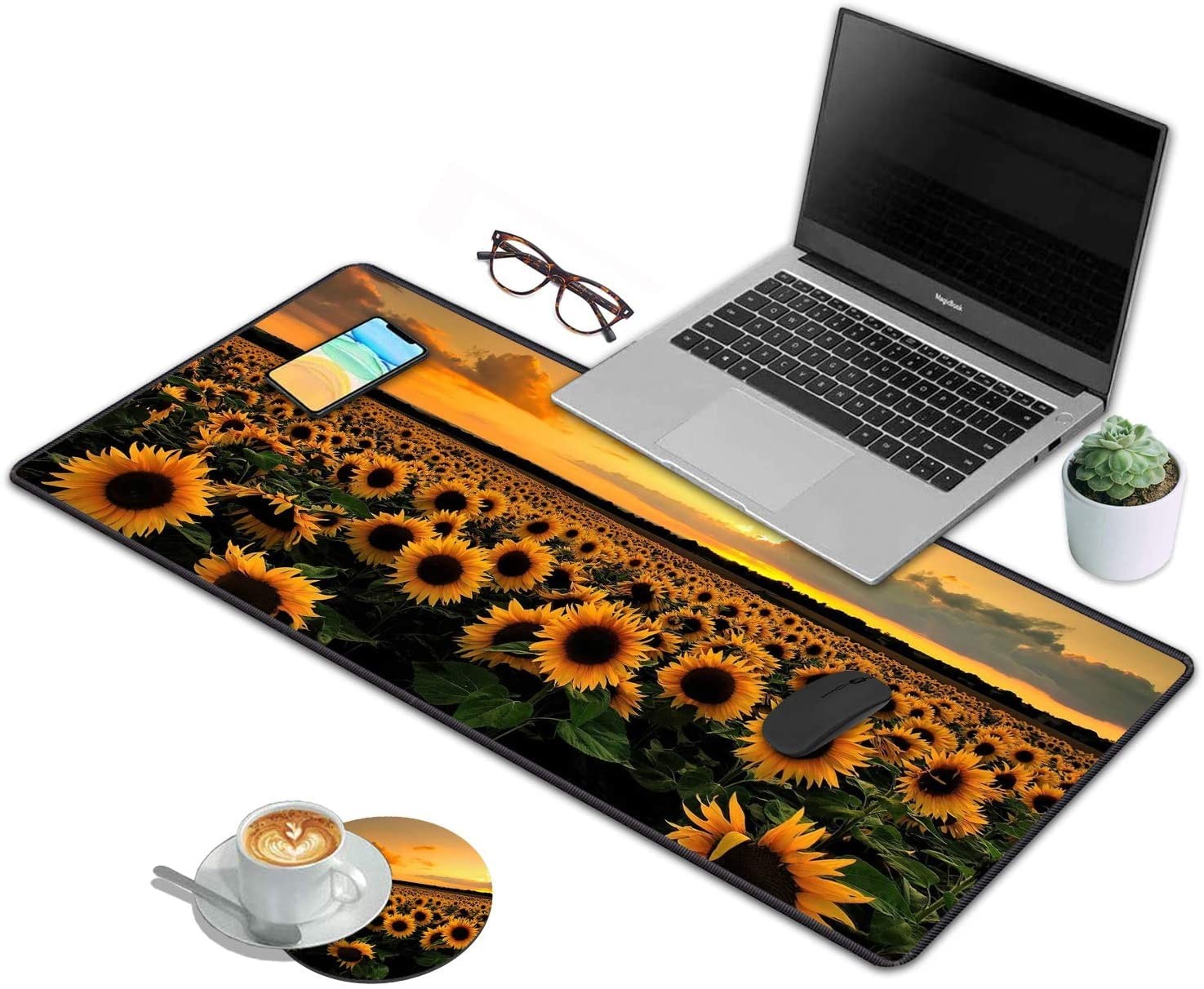 DEHJYYIJUY Desk Pad Mat Coasters Set Sunflower Field 35.4"x 15.7" XXL