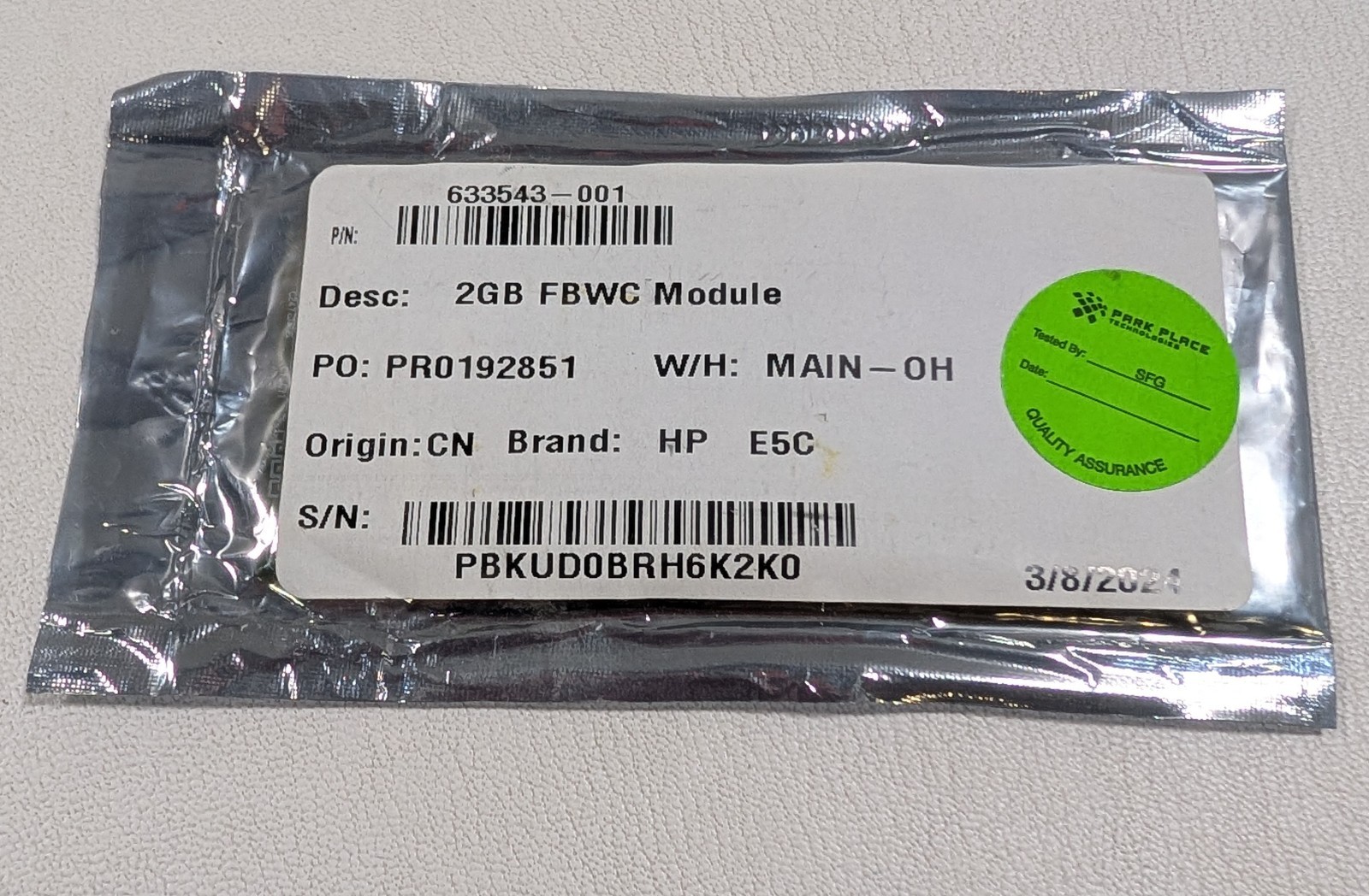 HP 633543-001 Smart Array P-Series 2GB Flash-Backed Write Cache FBWC MiniDIMM