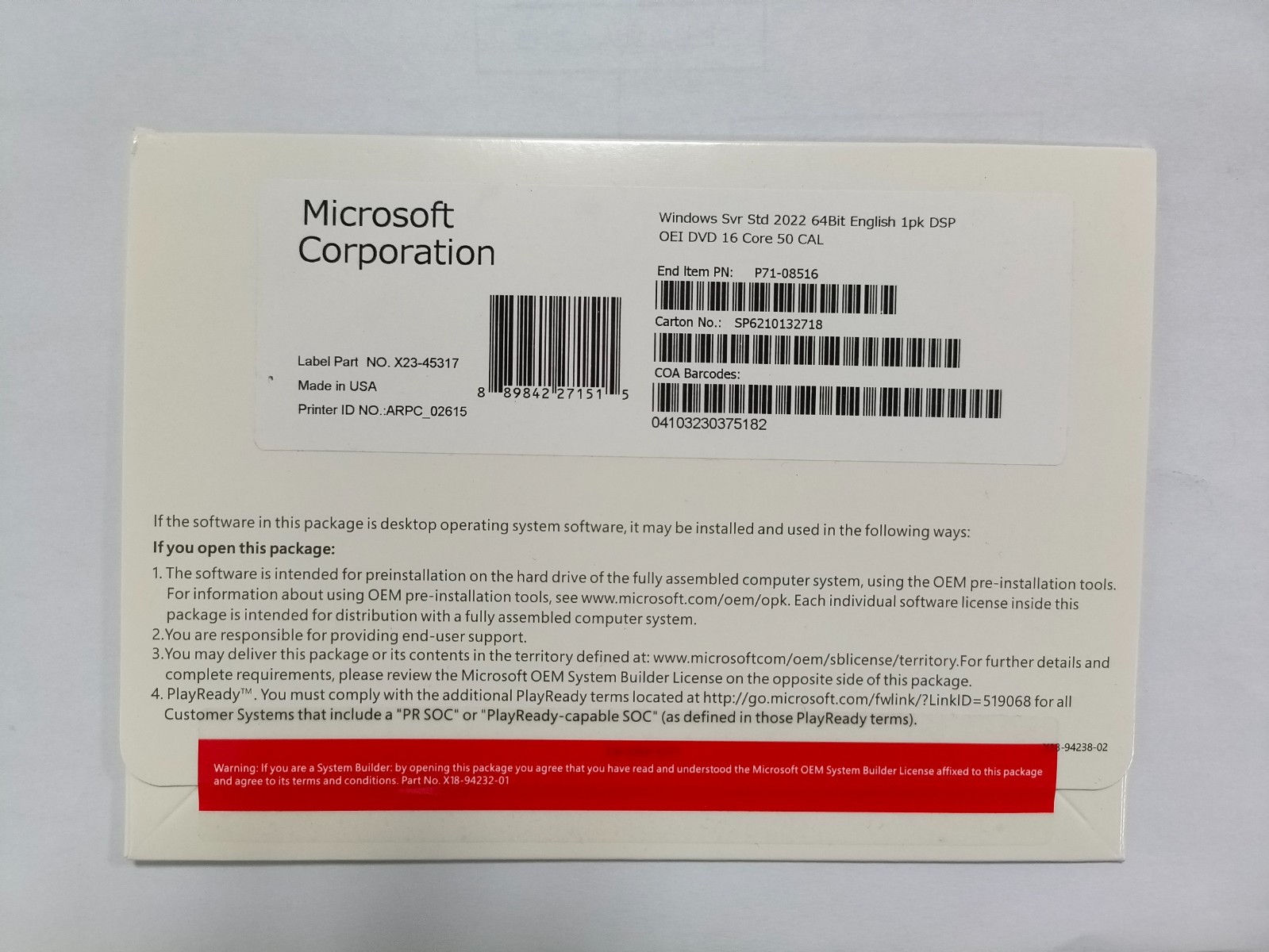 Win Server Std 2022 64-bit  DVD 16 Core 50 CAL Product Key New + 