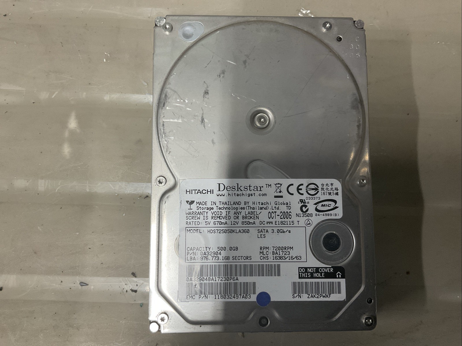 HITACHI HDS725050KLA360 500GB SATA HDD HARD DRIVE 0A31619 MLC BA1854