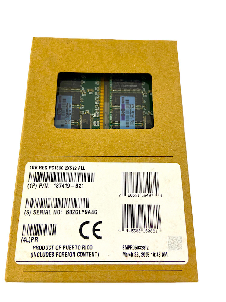 187419-B21 I GENUINE New HP 1GB 2x512MB SDRAM Memory RDIMM PC1600 ECC 249675-001