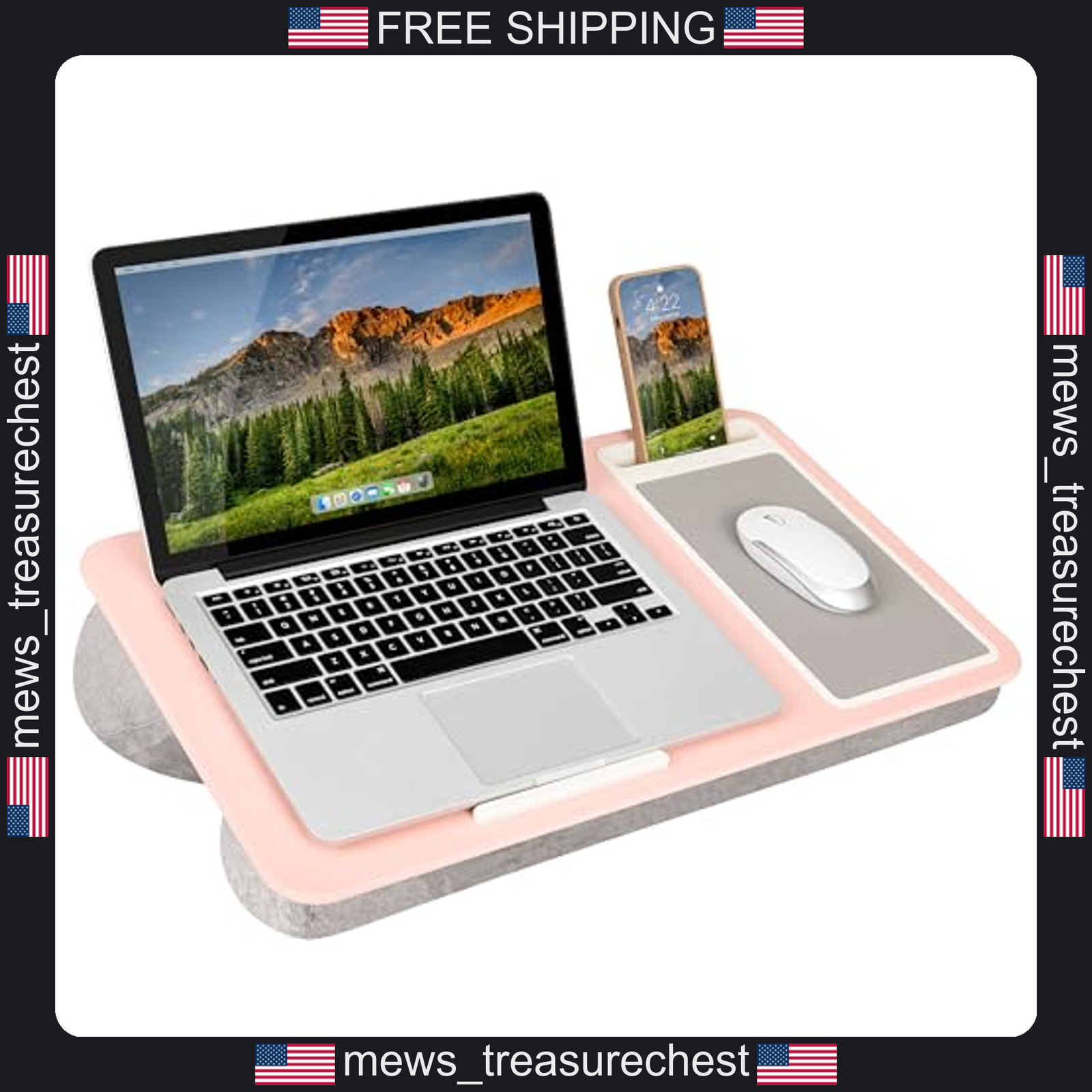 Laptop Lap Desk Pink 21.1 x 12 Inches with Mouse Pad and Phone Slot