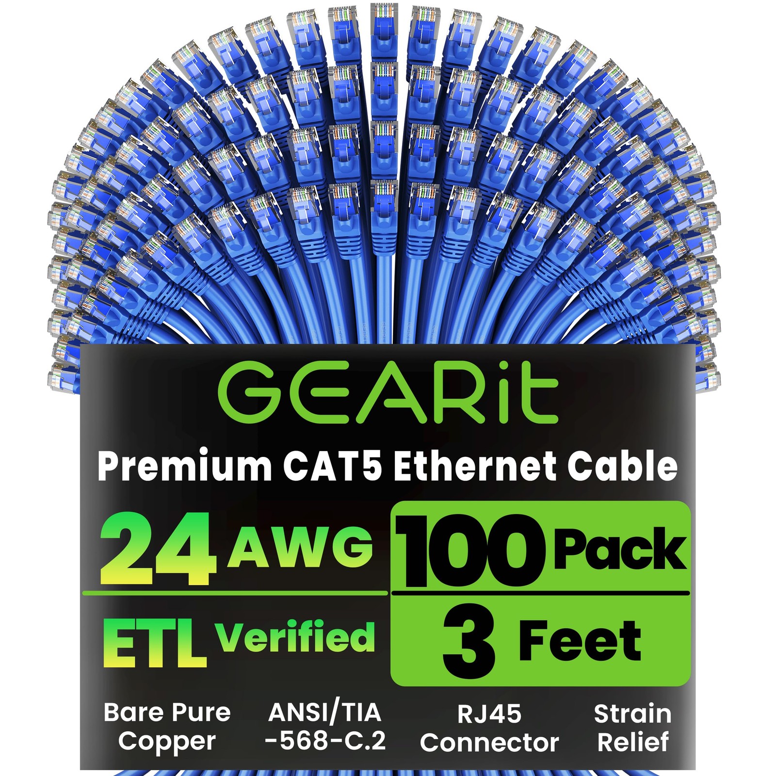 100-Pack, Cat5e Ethernet Patch Cable 3 Feet - Snagless RJ45 Computer LAN Netw...