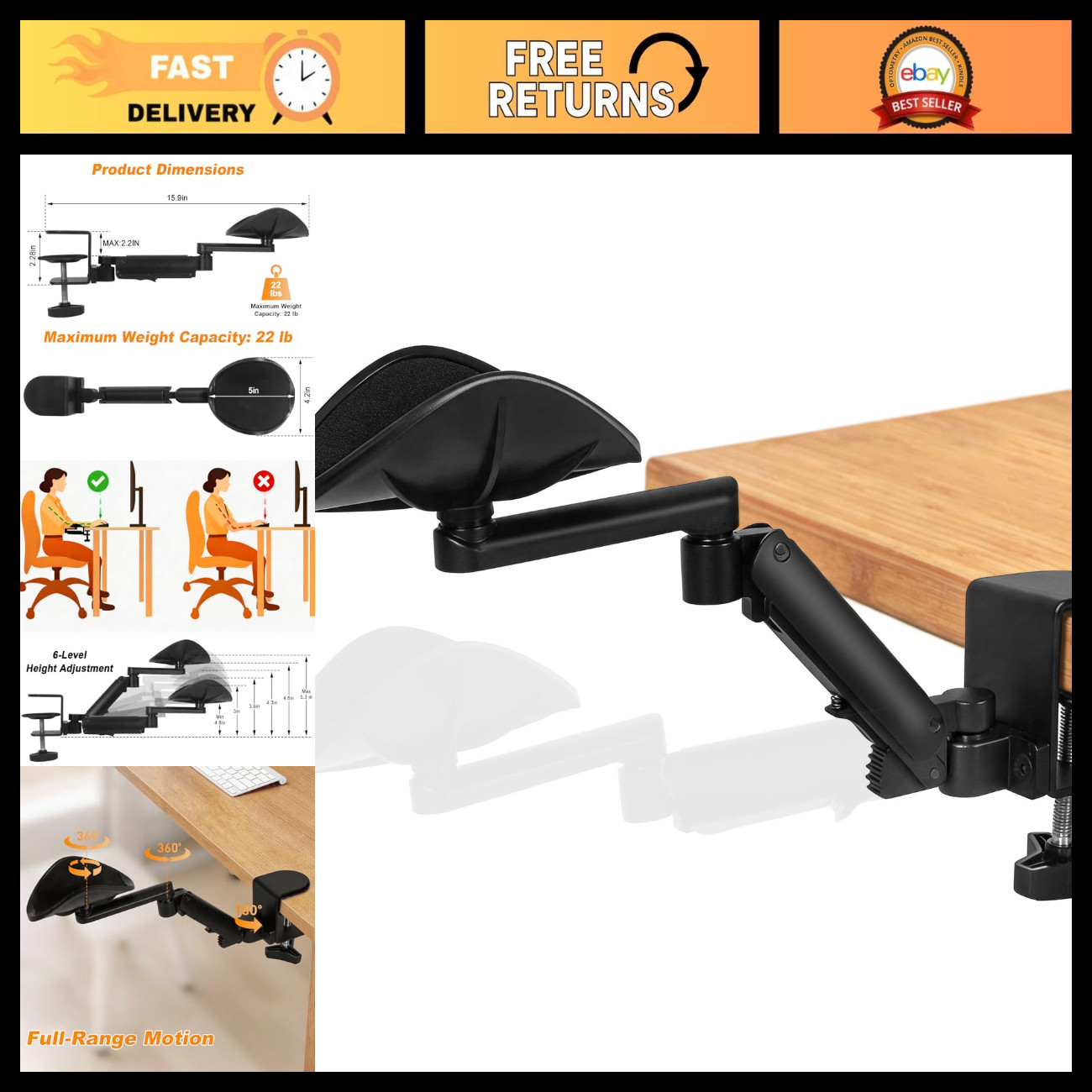 Adjustable Desk Arm Rest - 360° Rotating, 6-Level Height Ergonomic Elbow Pad, Cl