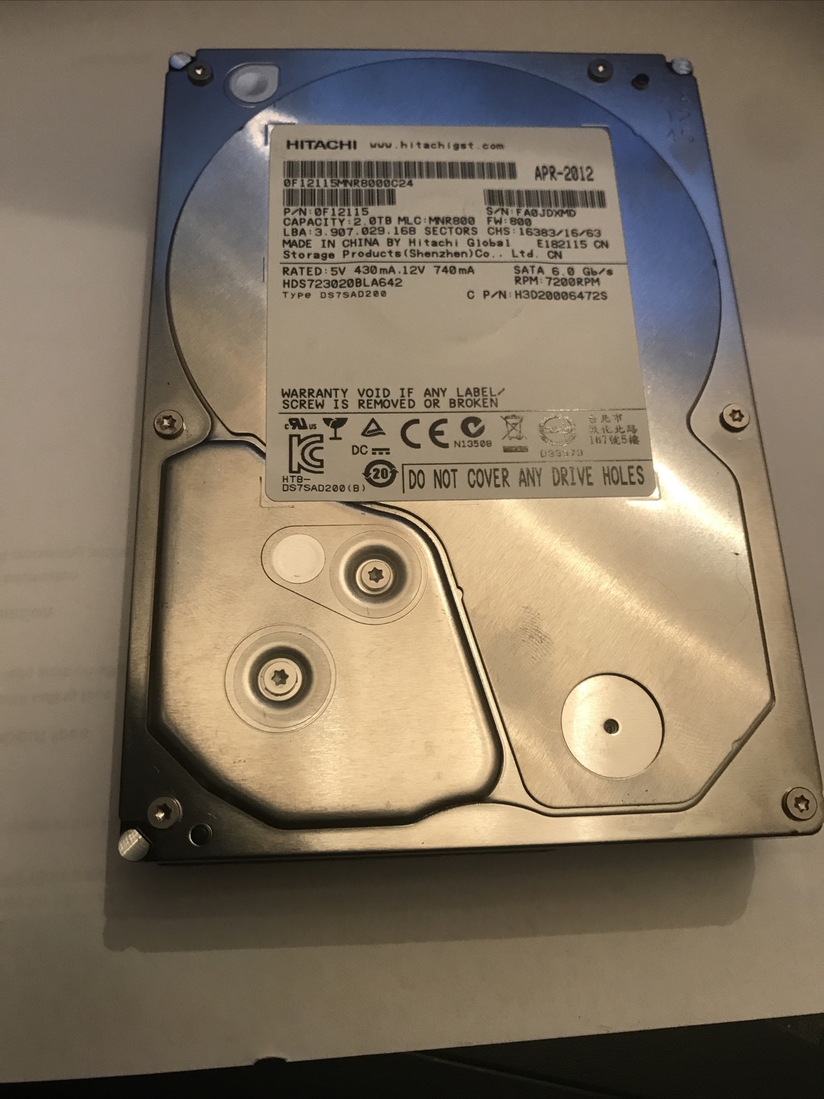 Hitachi HDS723020BLA642 0F12115 2TB  64MBSATA 6GB 3.5" Hard Drive, Not Working