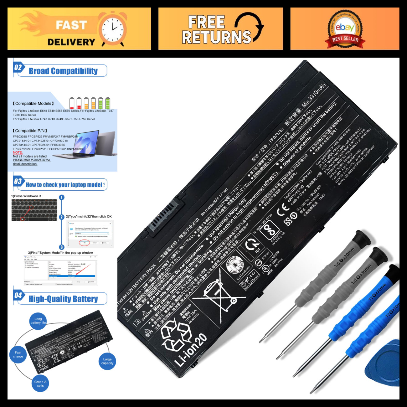 14.4V 50Wh Laptop Battery Compatible with Fujitsu E558 P728 T937 U938 Series