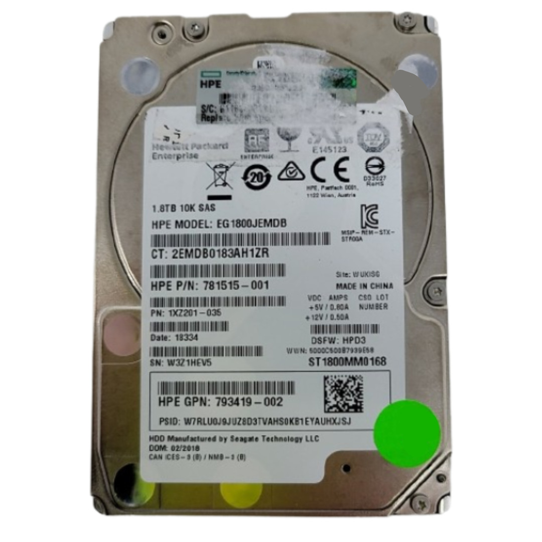 HPE 1.8TB 10K 12Gb/s SAS 2.5" SFF Enterprise HDD 781515-001 EG1800JEMDB