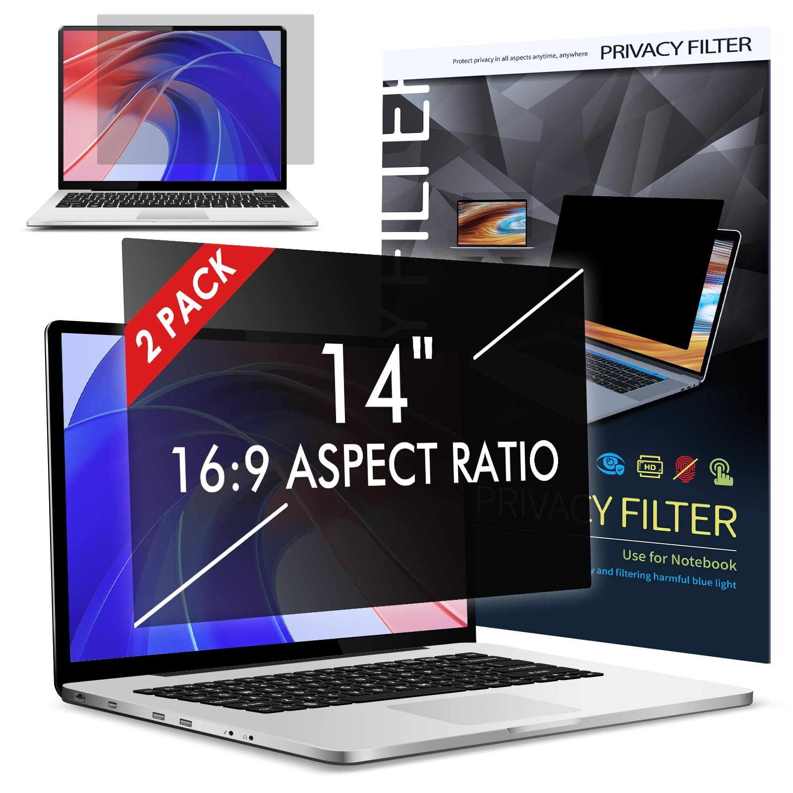 2 PCS 14 Inch Laptop Privacy Screen Filter 169 310x174mm Anti Glare UV Blue