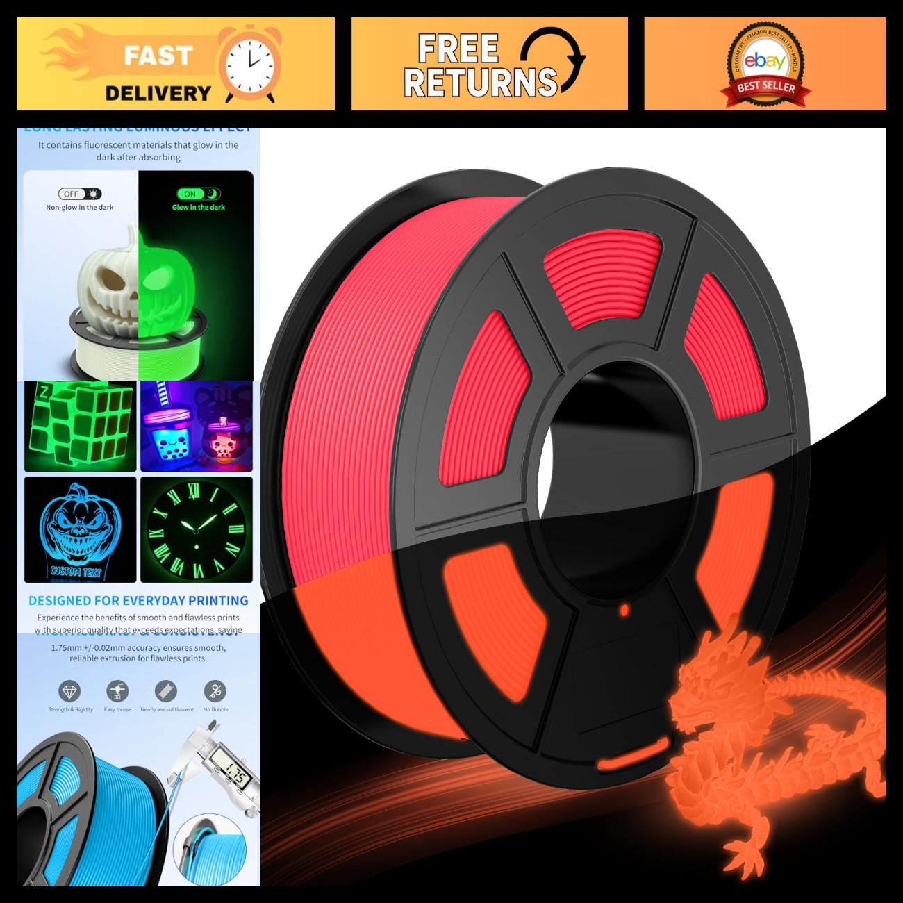 Glow in the Dark PLA 3D Printer Filament 1.75mm 1.1kg - Red, High Quality, Eco-F