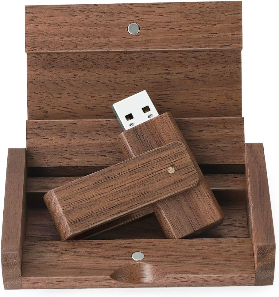 Wooden USB 2.0 Flash Drive, Rotate USB Memory Stick with Keychain, Thumb Drive w